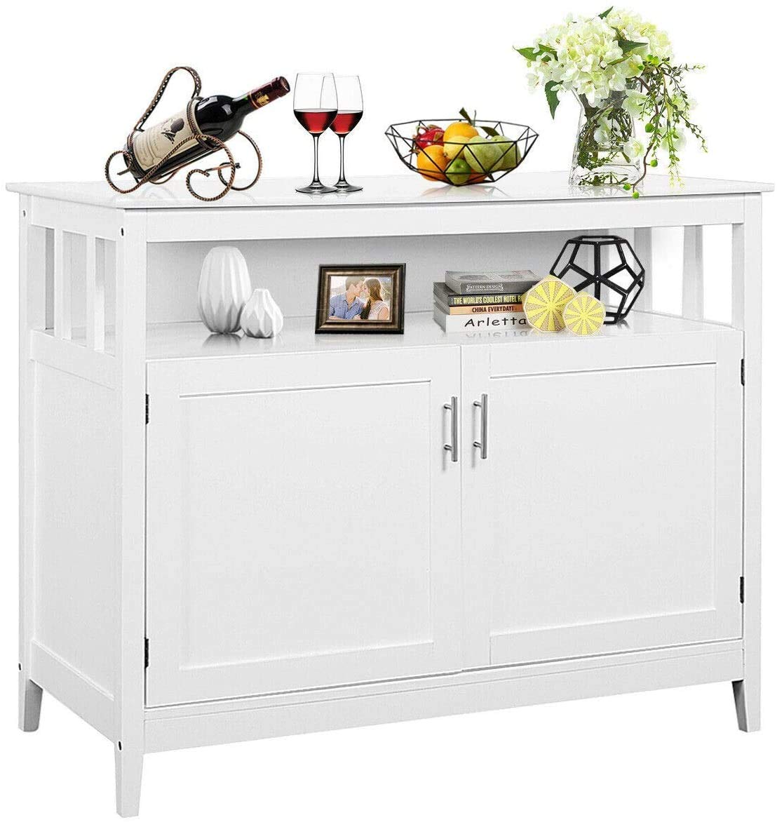 White Kitchen Storage Sideboard Buffet Cabinet with Adjustable Open Shelves - Space Saving Furniture for Kitchen, Dining Room & Living Room Organization | Perfect for Small Apartments & Home Decor