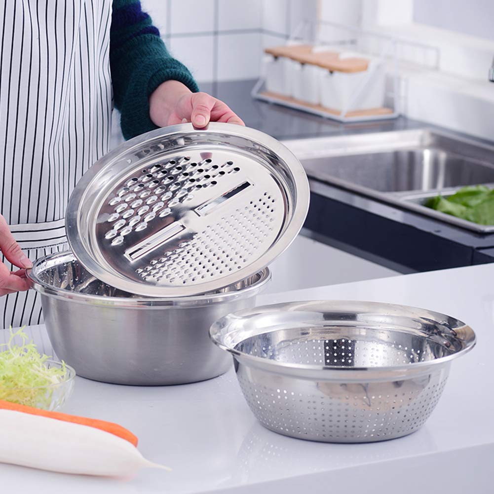 Premium 3-in-1 Stainless Steel Kitchen Sink Colander Set - Fine Mesh Strainer, Vegetable Fruit Washing Basket & Julienne Grater for Efficient Food Prep - Perfect for Washing Rice, Draining Pasta, and Grating Vegetables