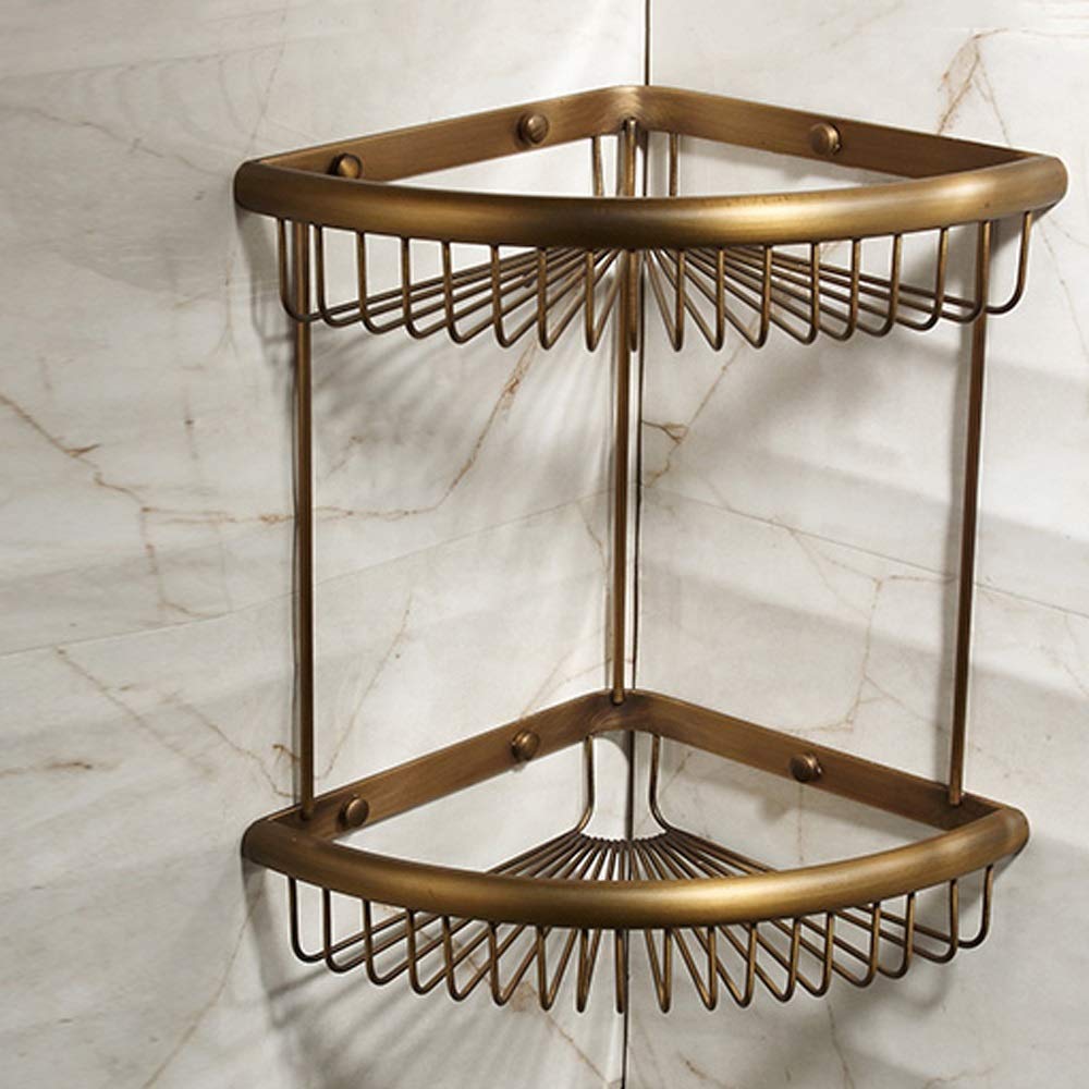 HTLLT 2-Tier Brass Wall Mount Shower Organizer Rack - Triangle Fan Design Retro Storage Shelf for Bathroom, Kitchen & Stairwell - Space Saving Brass Shower Caddy with Baskets (Perfect for Small Bathrooms & Vintage Style Home Decor)