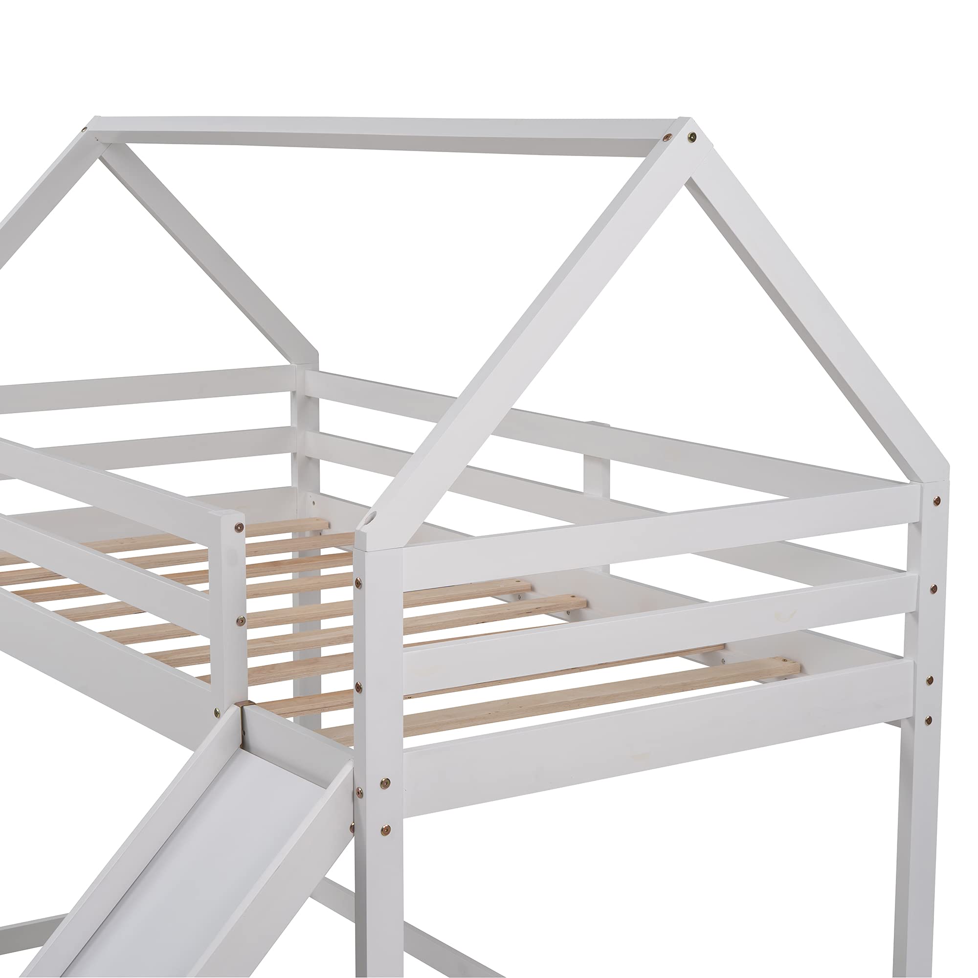 Kids Twin Over Twin House Shape Bunk Bed with Slide - Convertible to Tent, White Wooden Loft Bed for Boys & Girls Bedroom, Dormitory, Playroom - Fun & Space-Saving Children's Furniture
