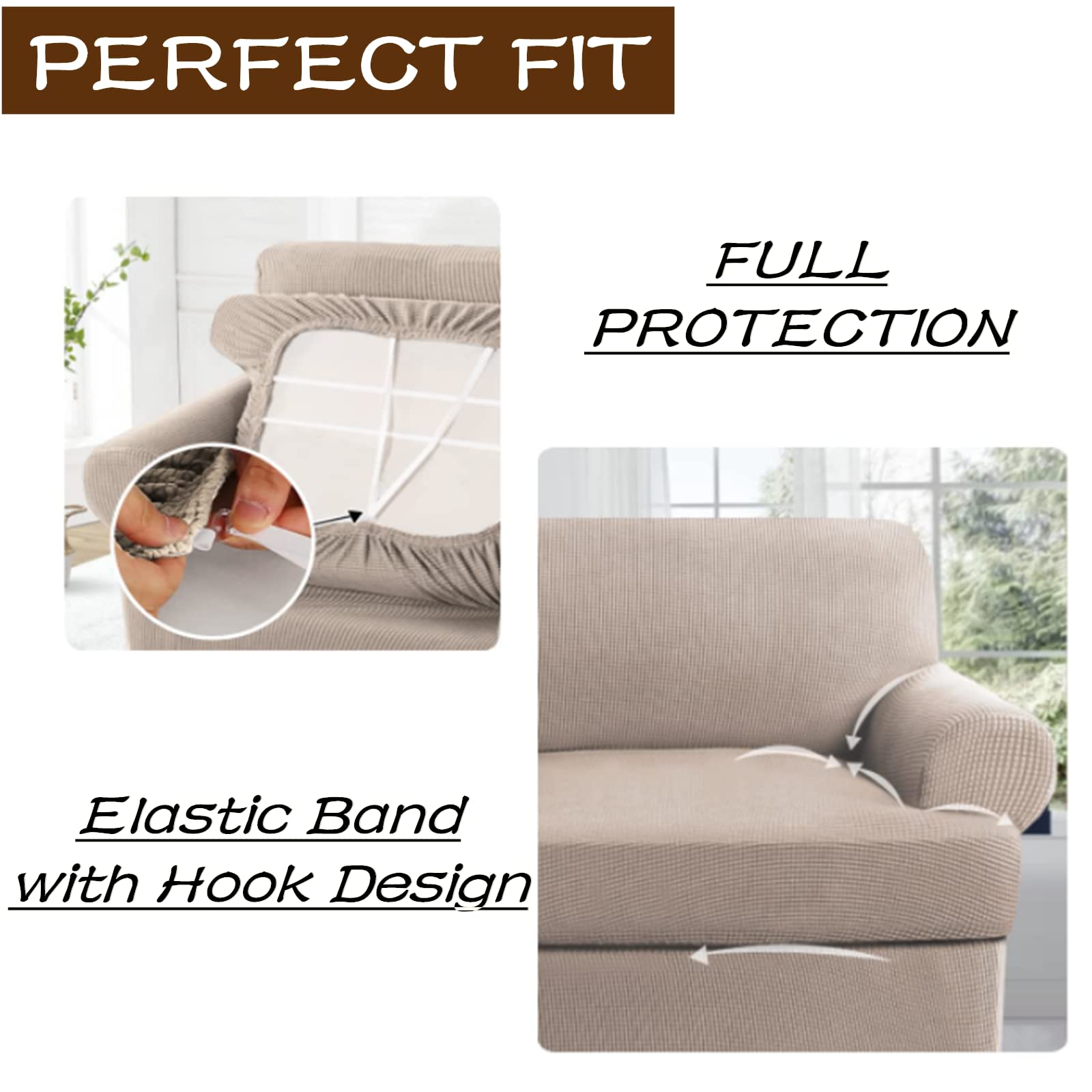 3 Piece T-Cushion Sofa Slipcovers - Thick Stretchable Couch Cover for 2-Cushion Loveseat | Furniture Protector with Washable Fabric | Perfect for Living Room, Apartment & Home Decor (Khaki, X-Large)
