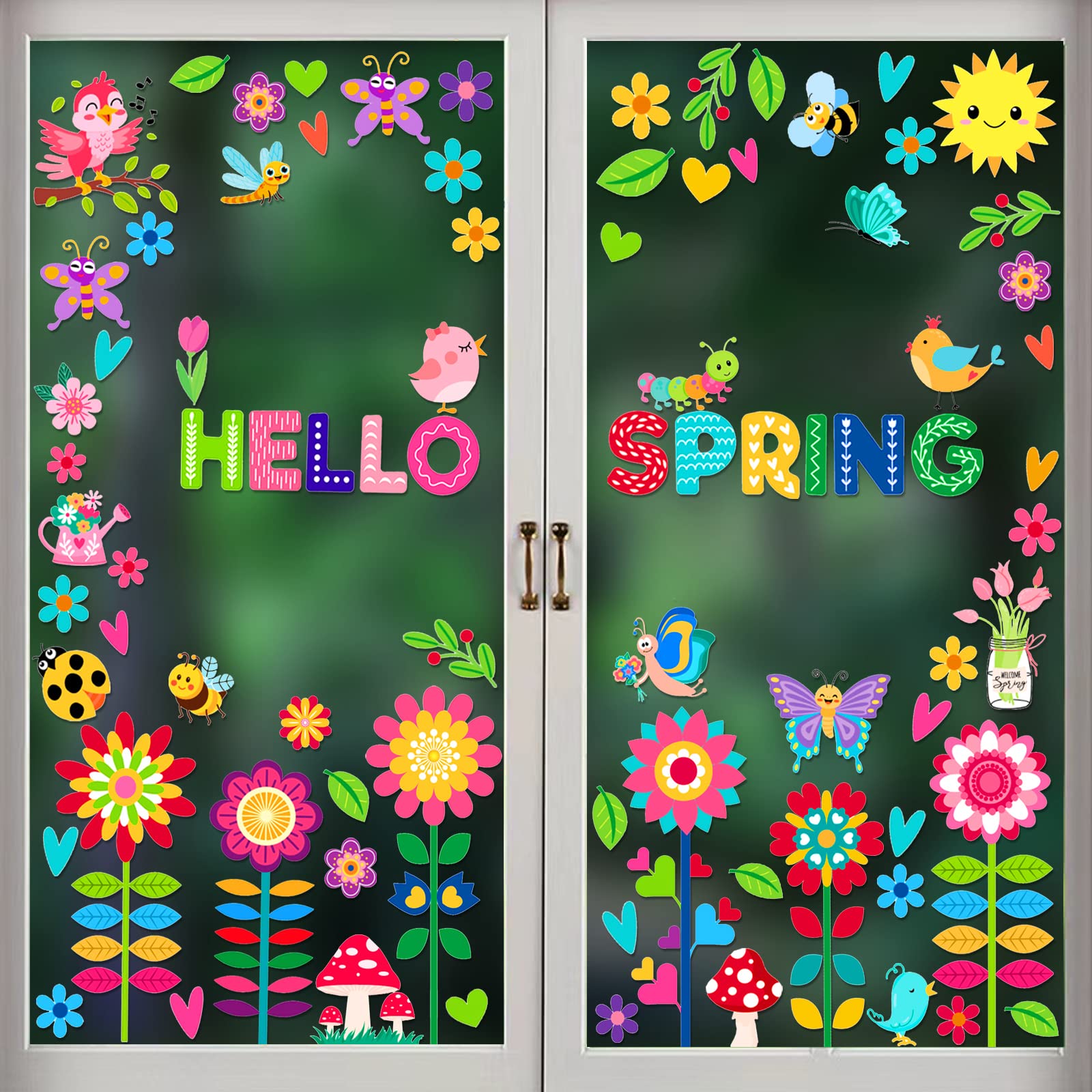 Hello Spring Window Clings - Removable Butterfly & Flower Window Stickers | Double-Sided Easter Wall Decals for Kids, Toddlers | Home, Classroom & Office Glass Window Decor | Perfect for Spring Parties, Easter Celebrations & Seasonal Home Decor