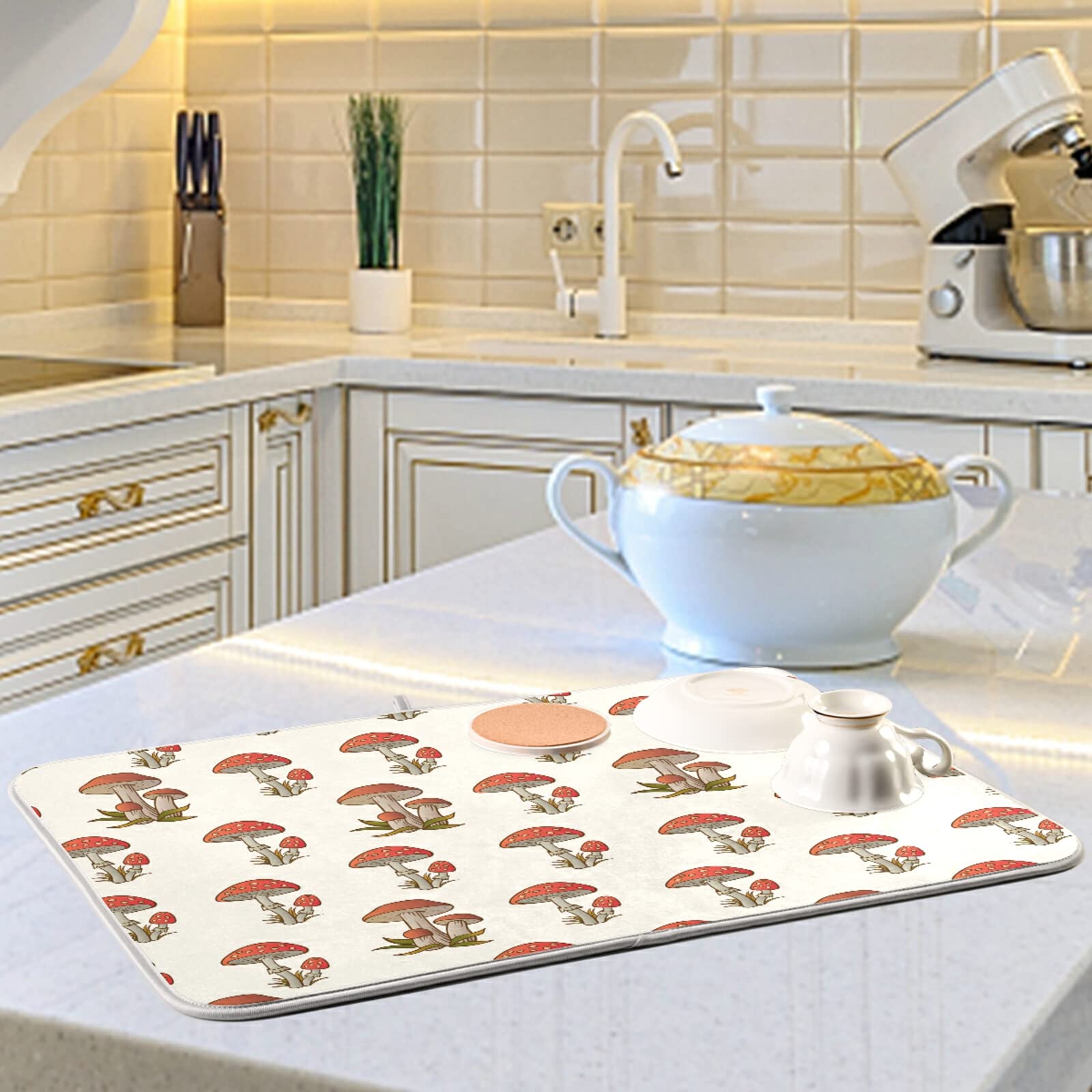 Amanita Red Mushroom Dish Drying Mat 18x24in - Absorbent Kitchen Counter Mat for Coffee Maker & Dishes