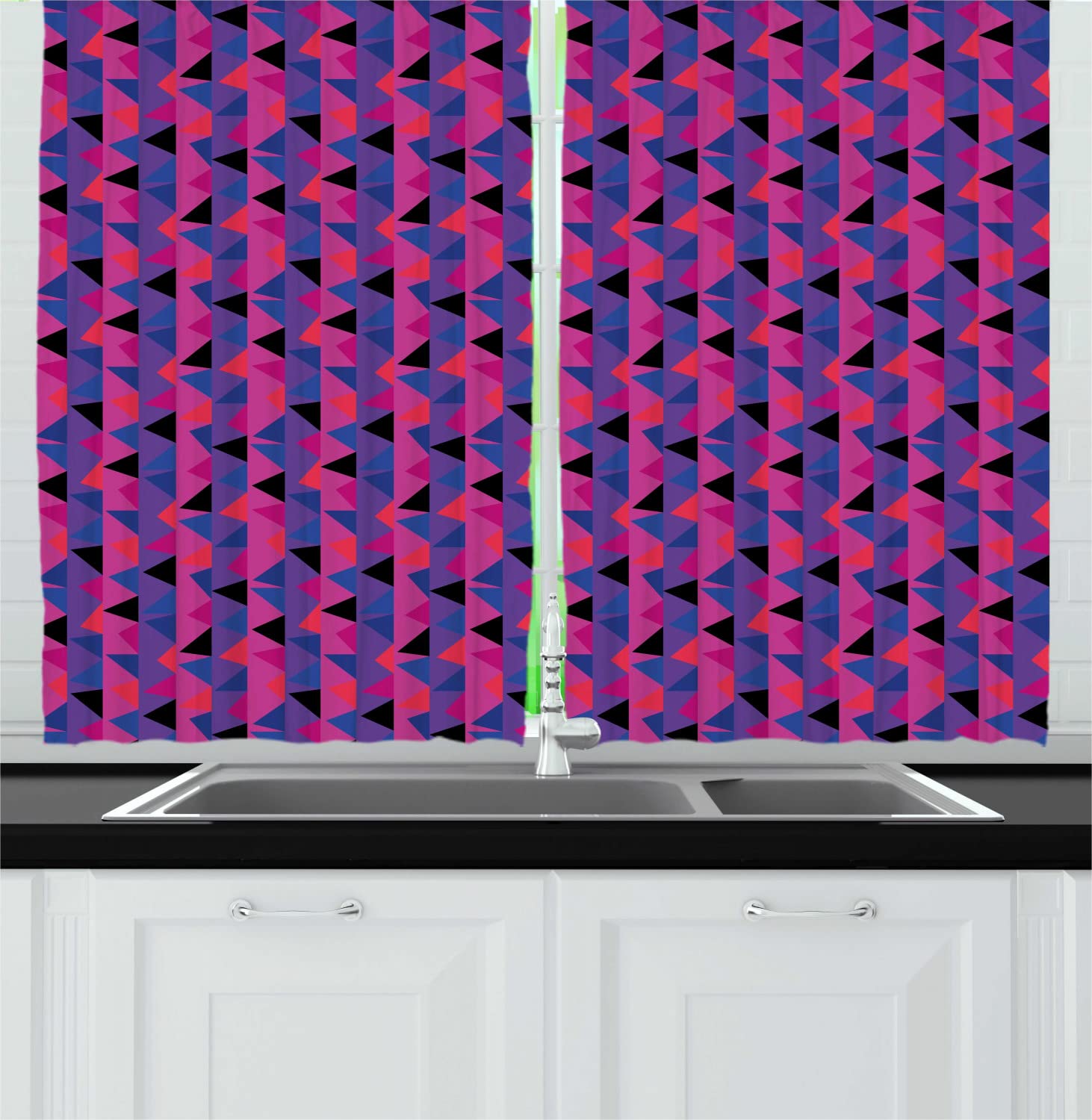Ambesonne Geometric Long Kitchen Curtains - Modern Abstract Triangle & Vertical Stripes Design - 2 Panel Rod Pocket Drapes for Windows - 55