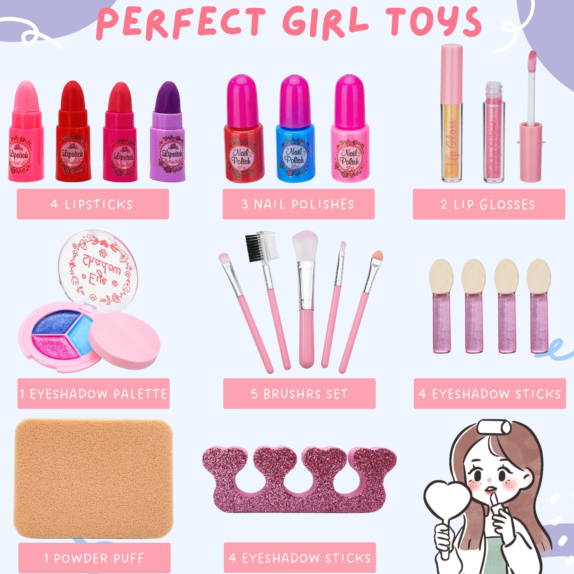 Lubibi Washable Kids Makeup Set with Cosmetic Case - Safe & Non-Toxic Real Makeup Kit for Girls Ages 4-8 - Birthday & Christmas Gift Toy for Pretend Play, Dress Up & Role Playing Games