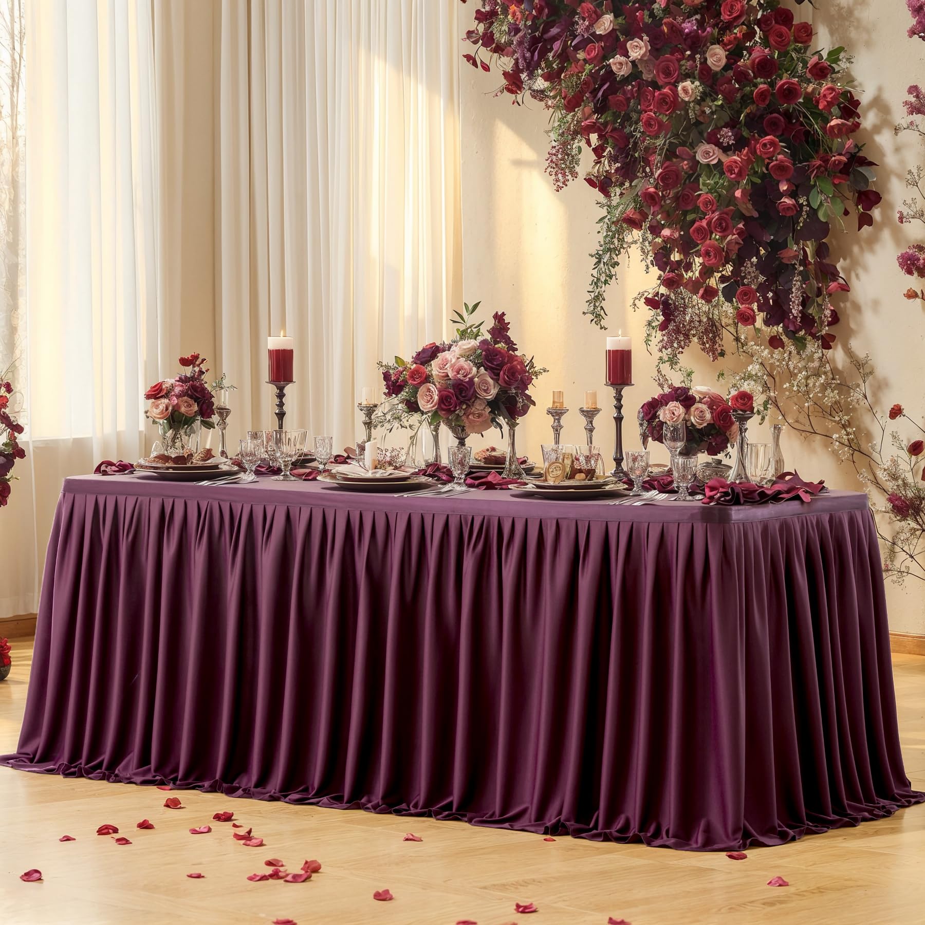 Burgundy Polyester Table Skirt 9ft - Wrinkle Resistant for Banquet & Wedding Decor