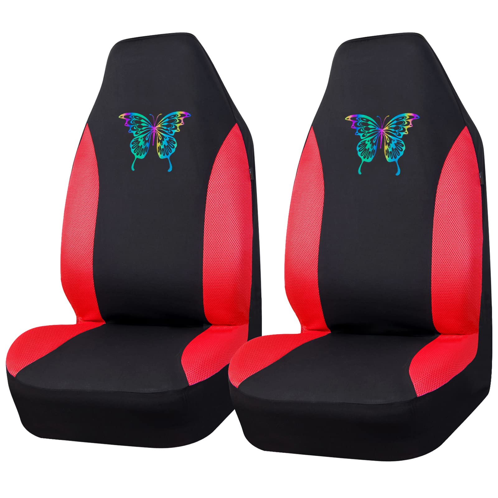 Reflective Colorful Butterfly Car Seat Covers - Universal Bucket Seat Covers with Red 3D Air Mesh, 100% Breathable & Airbag Compatible - Fits Cars, Trucks, SUVs (Black & Red) - Perfect for Road Trips, Daily Commutes & Custom Car Interiors