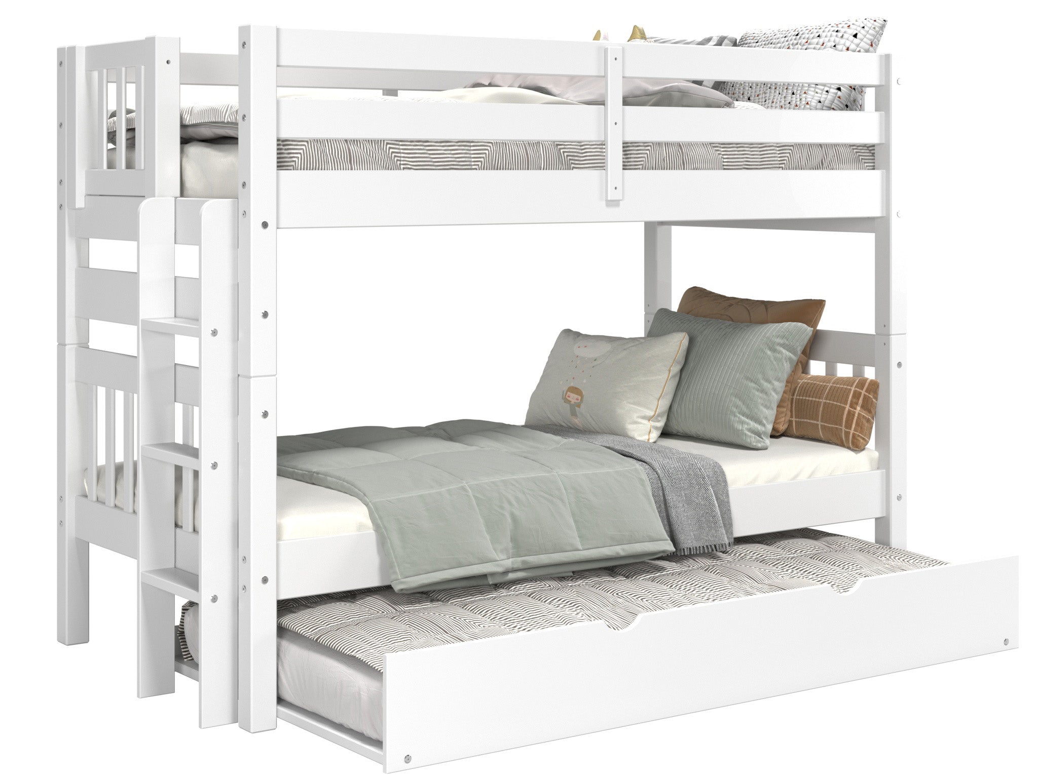 Twin Over Twin Bunk Bed with End Ladder & Trundle - White | Space-Saving Kids Bedroom Furniture for Small Rooms & Shared Spaces