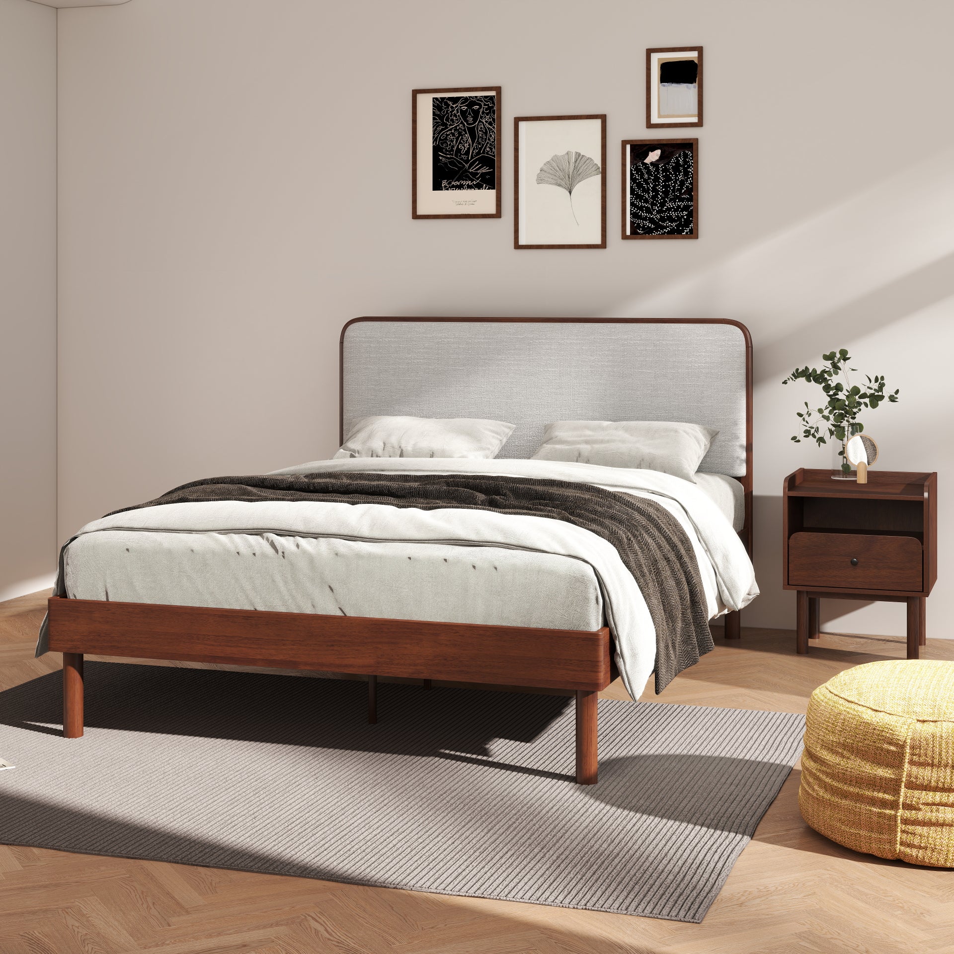 Roundhill Furniture Wyller 2-Piece Queen Bedroom Set - Platform Bed with Nightstand in Natural Walnut Finish | Perfect for Modern & Minimalist Bedroom Decor