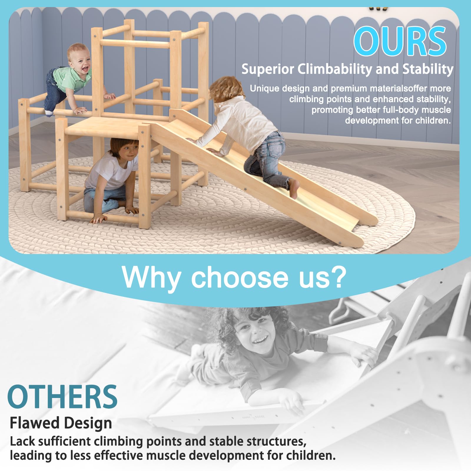 Montessori Wooden Indoor Jungle Gym Climber Playset with Slide - Toddler Climbing Toys & Multifunctional Playground for Kids - Perfect for Home Playrooms, Daycares, and Indoor Active Play