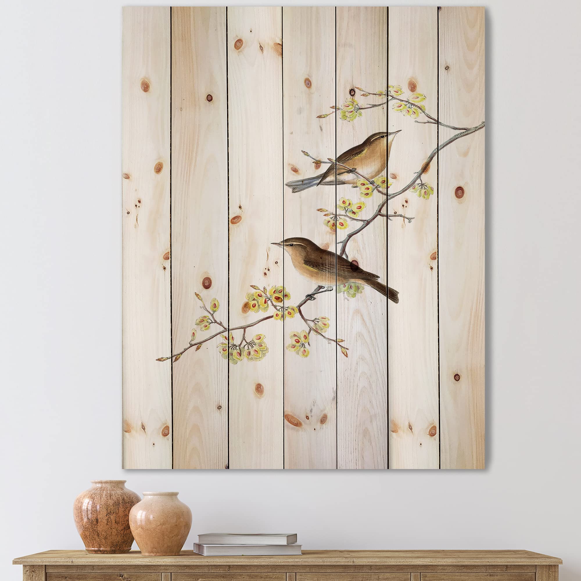 DesignQ Little Birds on Tree Branches II - Traditional Yellow Wood Wall Art Decor, Large Animal Wood Wall Panels Printed on Natural Pine - Perfect for Living Room, Bedroom & Nursery Decor