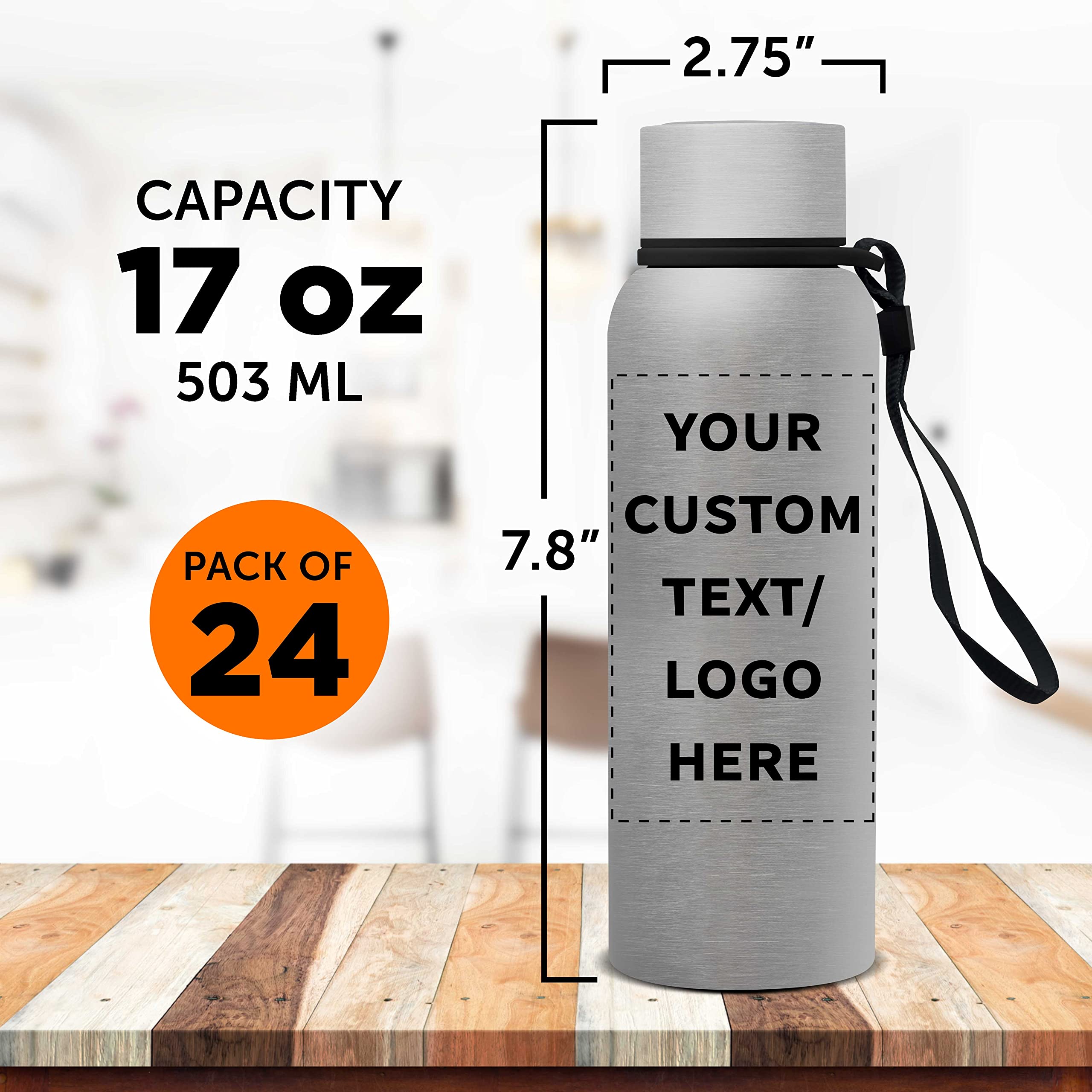 Custom Personalized 17 oz Ransom Water Bottles with Strap - Bulk Pack of 24 - Ideal for Corporate Events, Team Giveaways & Business Promotions - Silver Stainless Steel Bottles for Gym, Office & Outdoor Activities