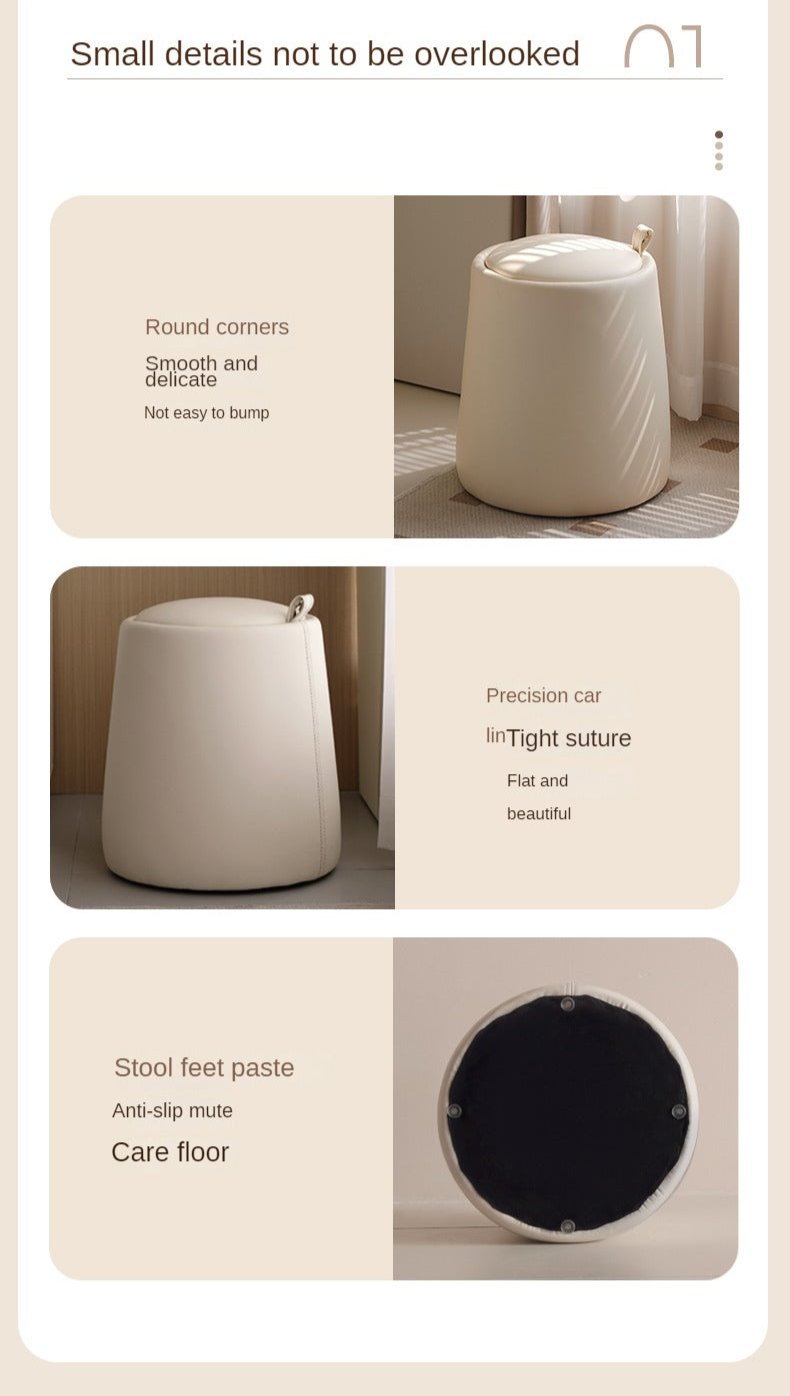 Organic Leather Makeup Stool - Cream Round Vanity Seat with Storage for Bedroom & Dressing Room - Perfect for Makeup Artists & Home Decor