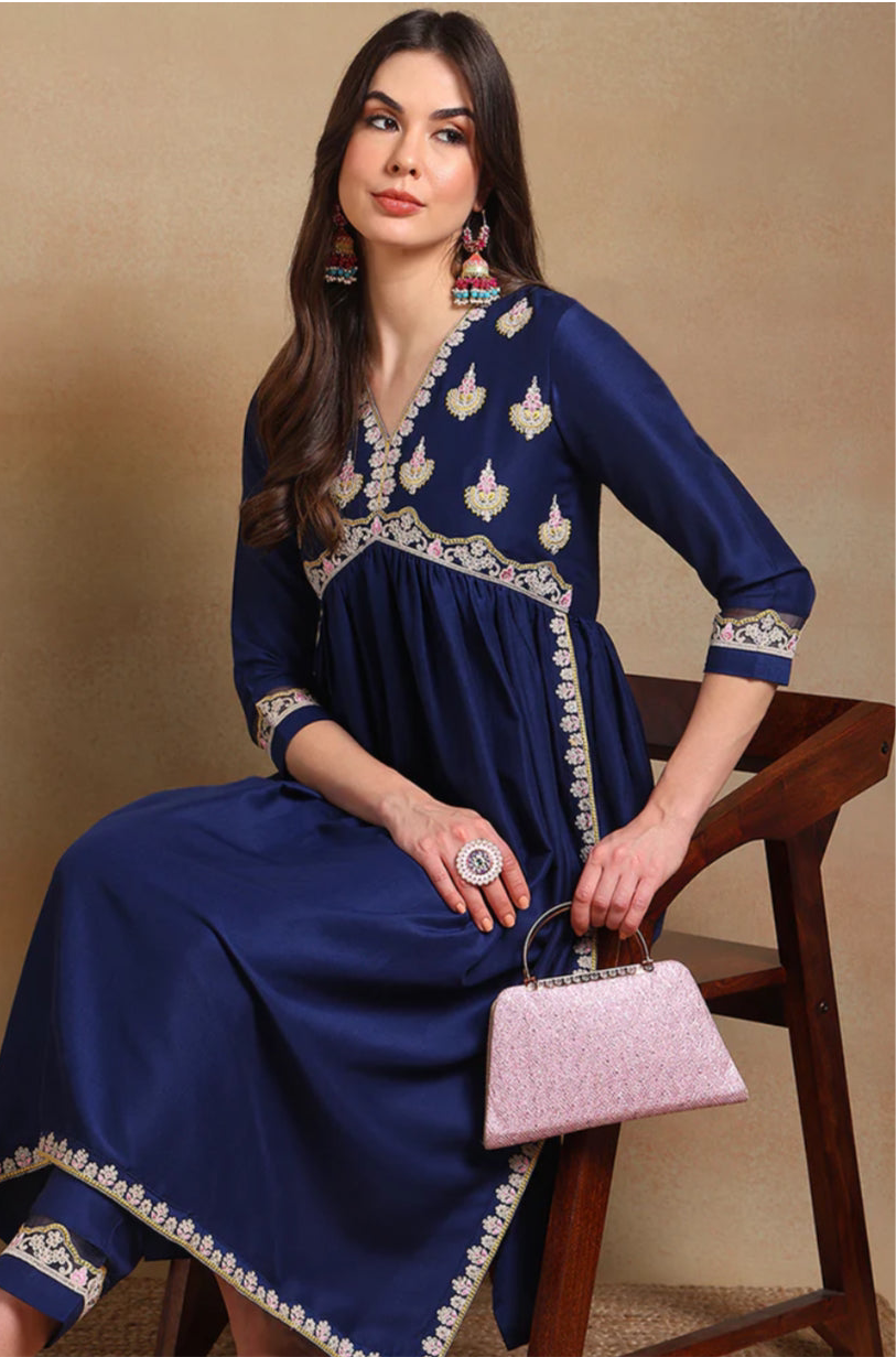 Navy Blue Silk Blend Embroidered Flared Kurta Set for Women | Elegant Indian Ethnic Wear | Perfect for Festivals, Weddings & Parties