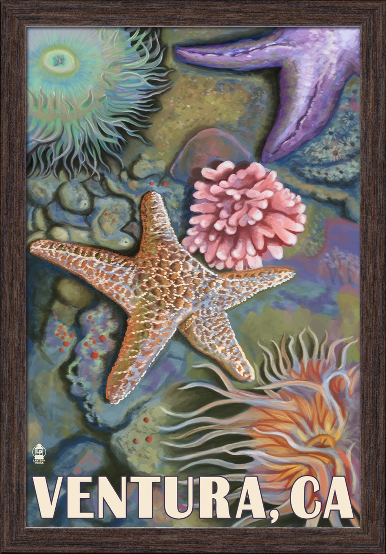 Ventura California Tidepool Art Print - 16x24 Giclee Fine Art on Recycled Wood Frame in Espresso Brown - Perfect for Coastal Home Decor & Beach House Wall Art