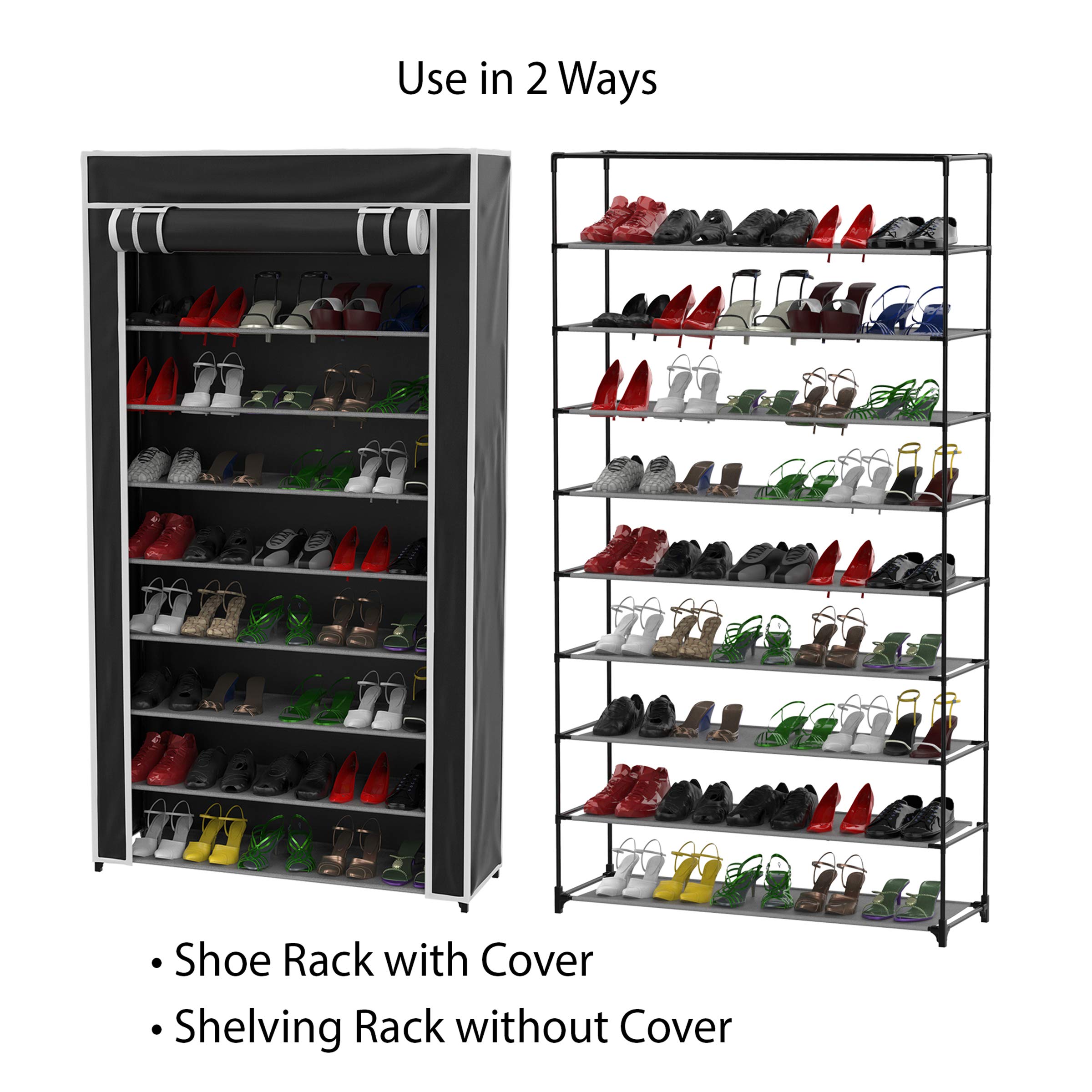 9-Tier Shoe Storage Rack with Dust Cover & Sturdy Metal Frame - Freestanding Vertical Shoe Organizer Cabinet for Closet, Entryway & Bedroom - Black