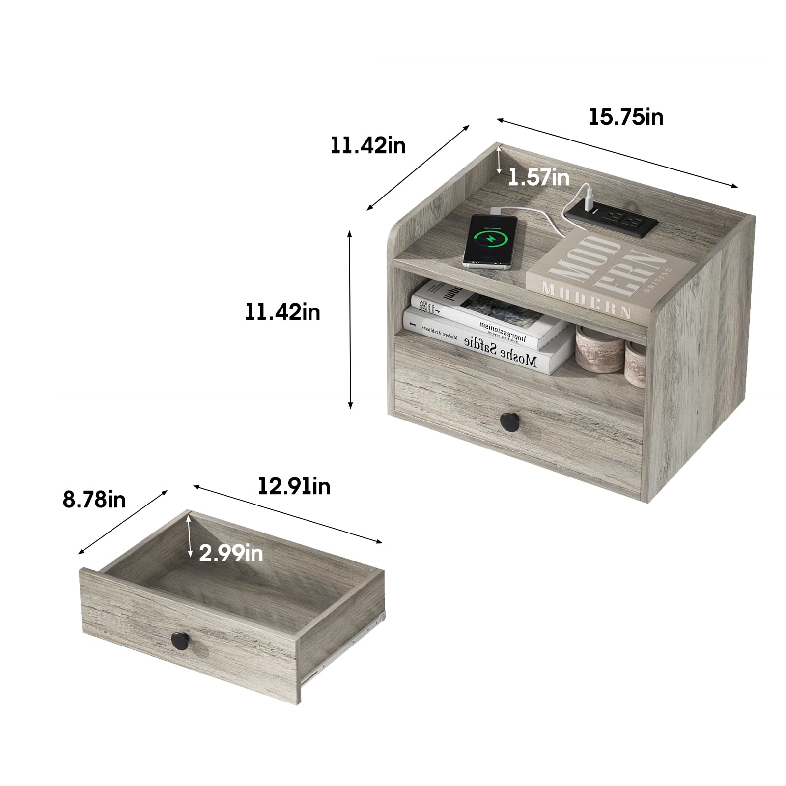 Modern Floating Nightstand Set of 2 - Wall Mounted Bedside Tables with Drawer, Open Shelf & USB Charging Station - Space Saving Grey End Tables for Small Bedrooms, Apartments & Dorm Rooms