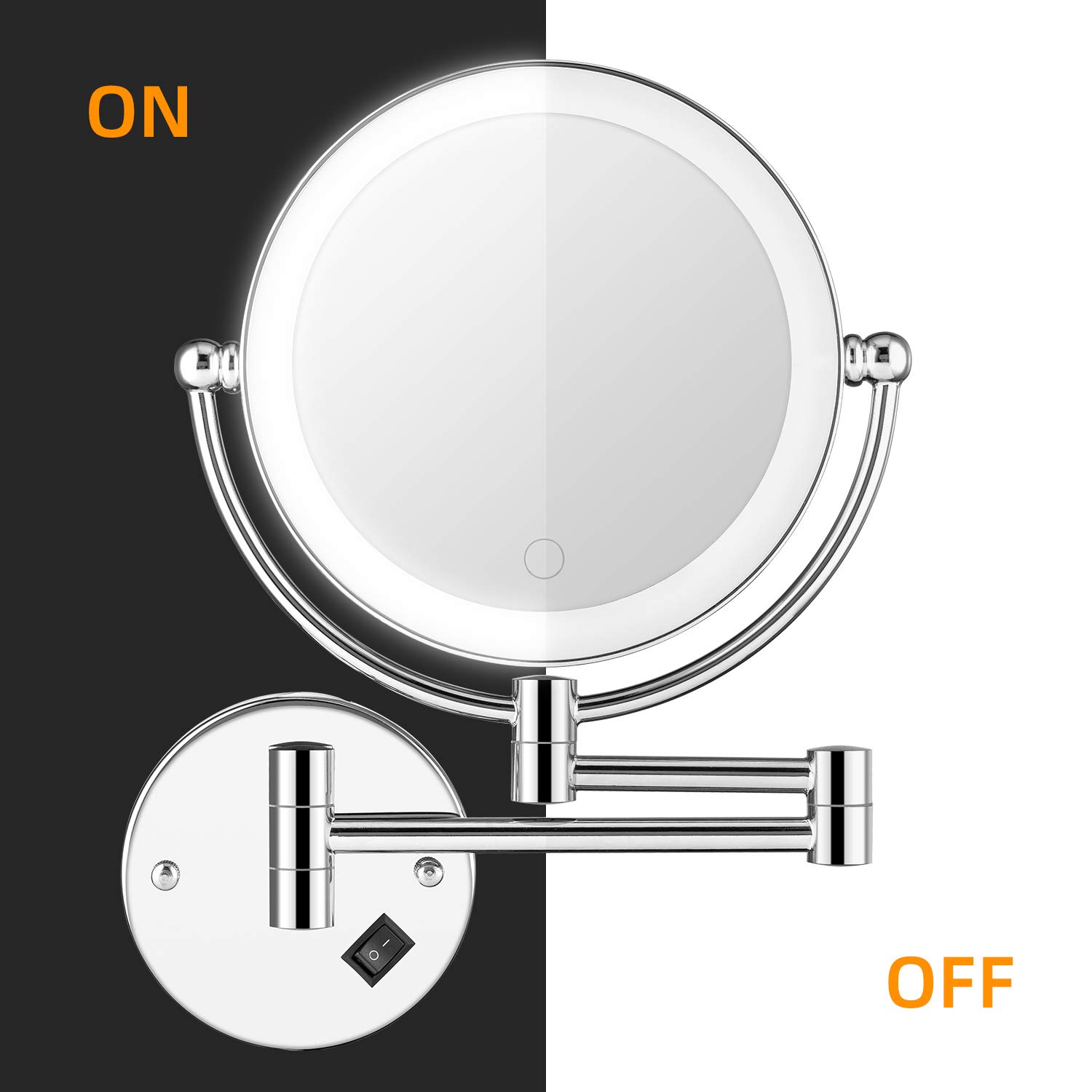 5X Magnifying LED Wall Mounted Makeup Mirror - Dimmable Touch Screen Bathroom Mirror with Switch & Plug-in Power - Perfect for Vanity, Dressing Room & Bathroom Lighting
