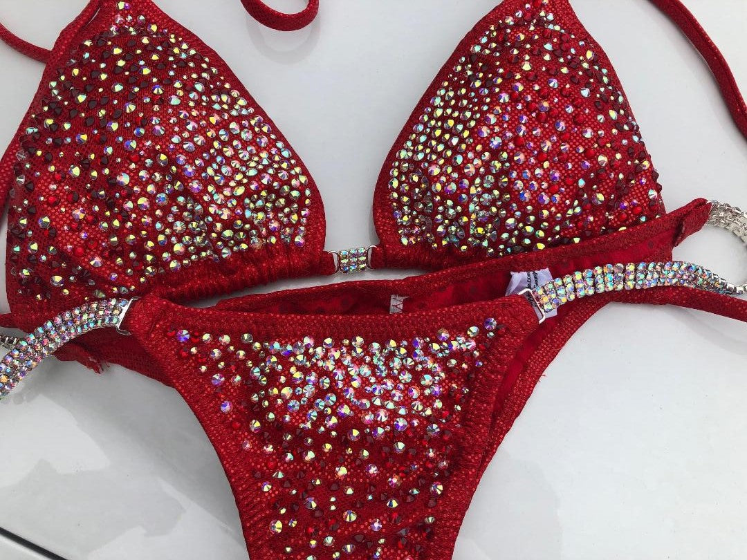 Stunning Red Bikini Competition Suit with Beaded Rhinestone & AB Crystals - Perfect for Swimwear Pageants, Beach Vacations, and Poolside Glamour
