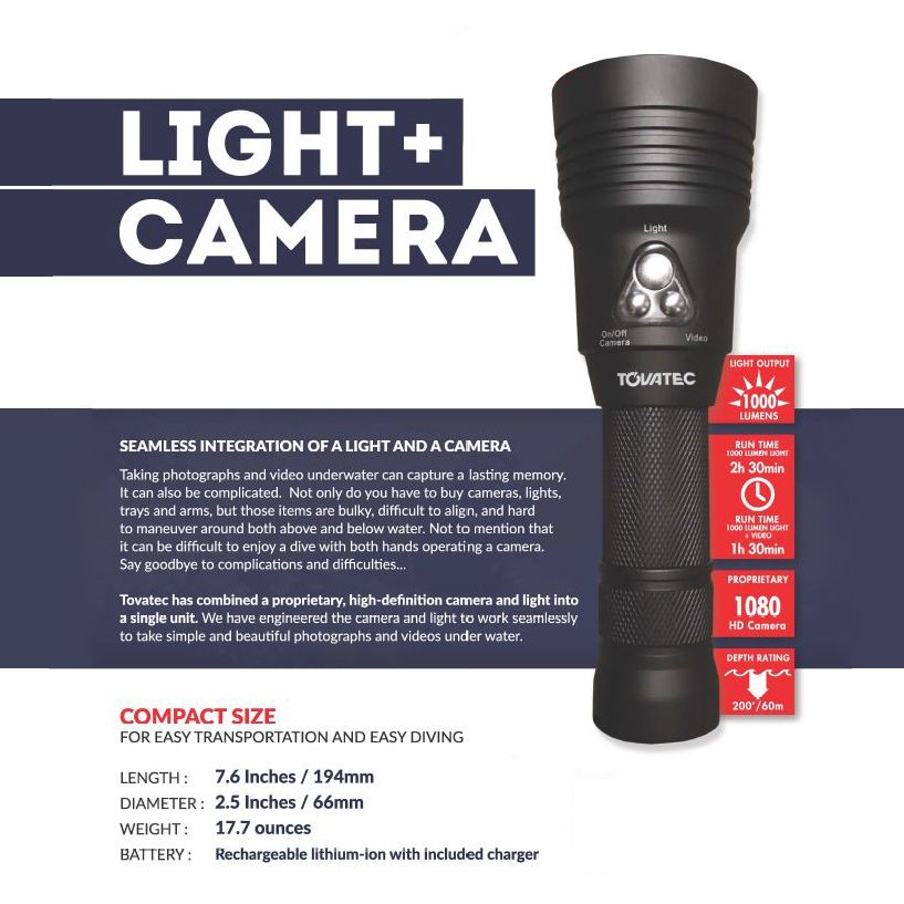 Tovatec 1000 Lumen LED Light with Camera - High Brightness Underwater Flashlight for Diving, Fishing, and Outdoor Adventures