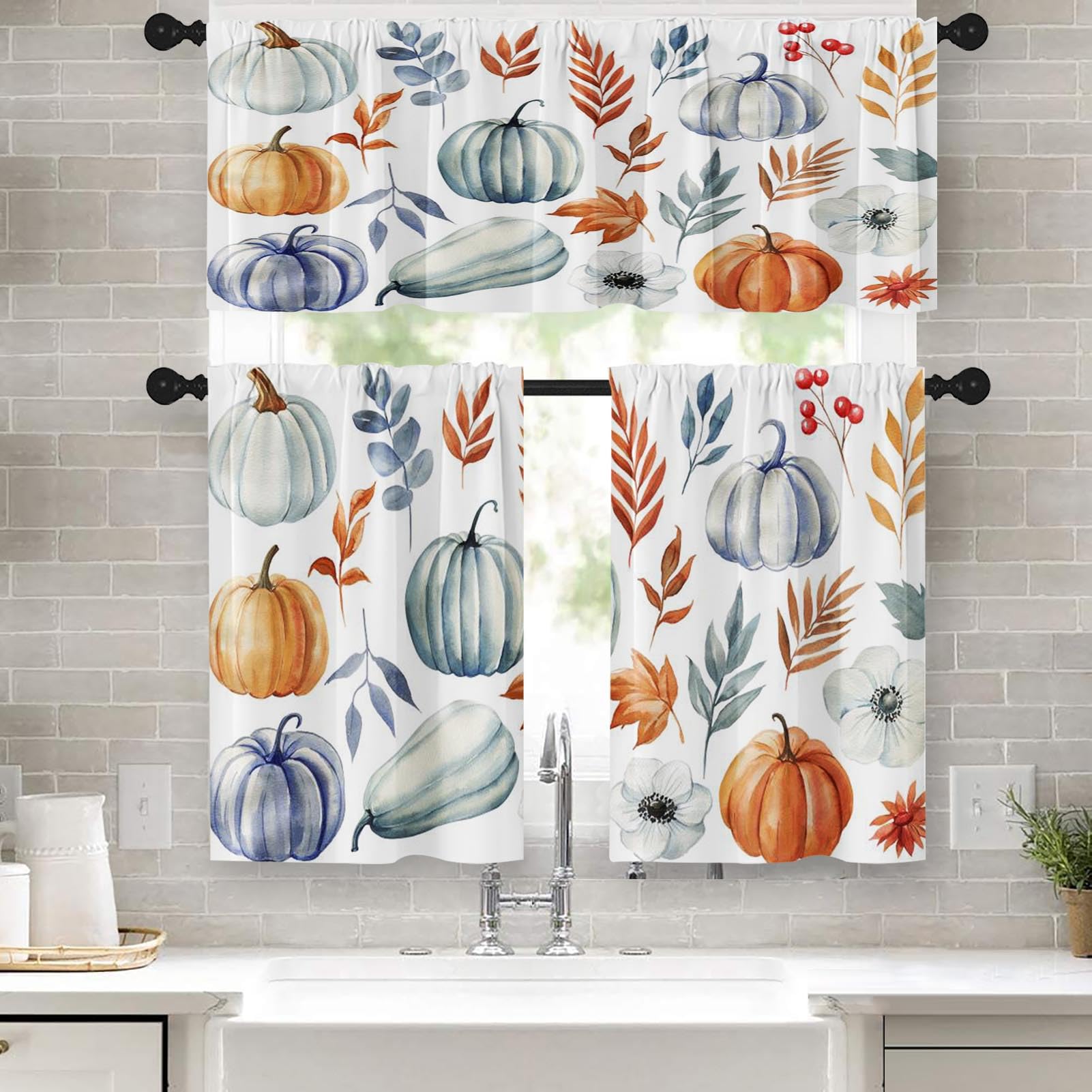 Arttown Watercolor Leaves Vintage Kitchen Curtains Set - 36 Inch Autumn Short Tier Curtain with Valances, Fall Decor for Small Kitchen Windows, Perfect for Cozy Autumn Cooking Spaces