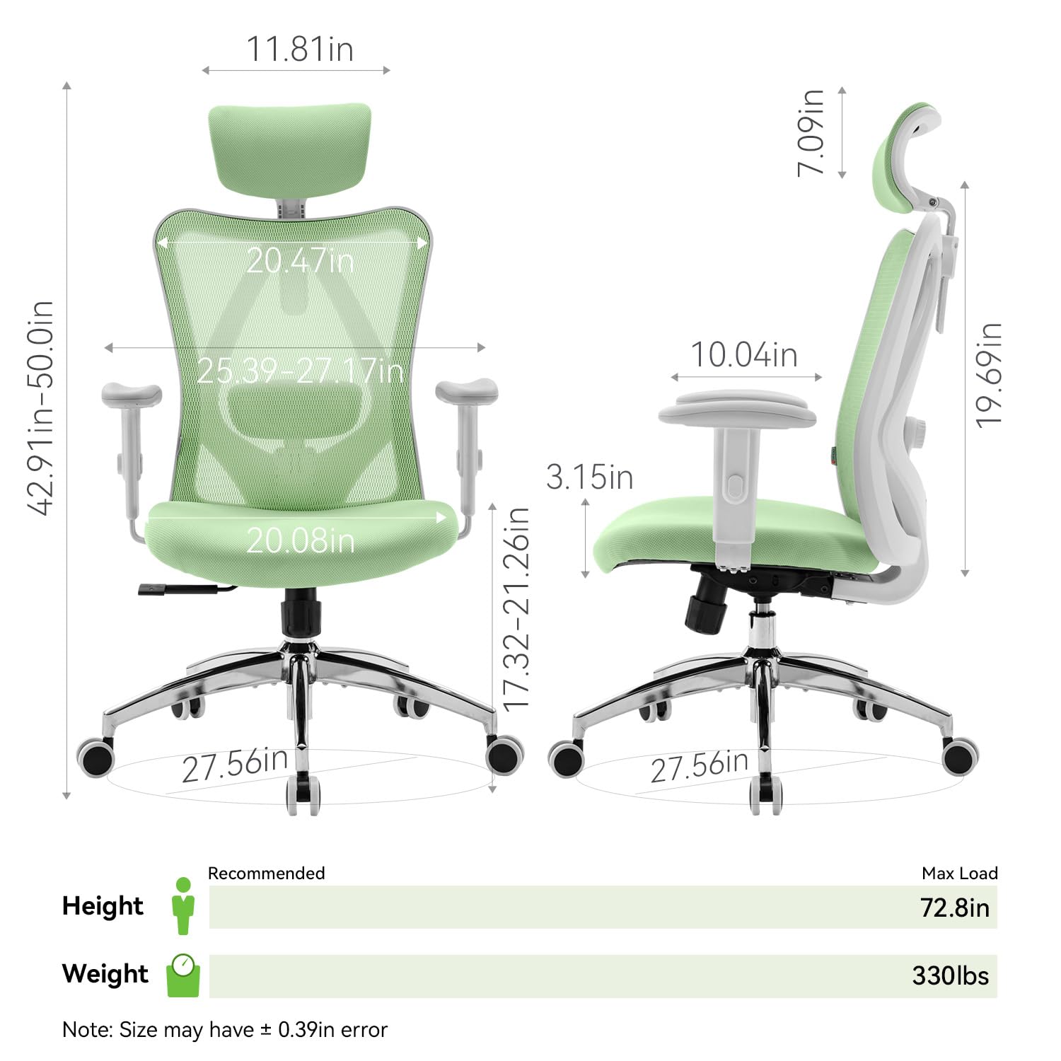 SIHOO M18 Ergonomic Office Chair - Adjustable Headrest & Lumbar Support, High Back Executive Swivel Chair for Home Office & Gaming, Light Green - Perfect for Long Work Hours & Comfortable Workspace Setup