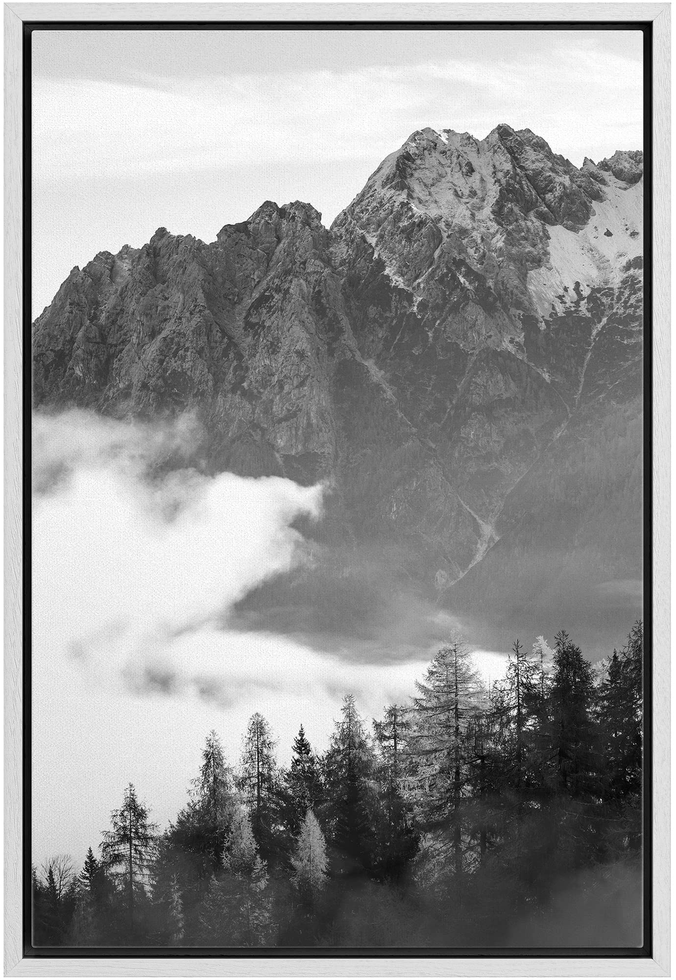 IDEA4WALL Framed Canvas Print Wall Art - Black & White Mist Over Mountain Forest Valley, Woodland Nursery Decor, Nature Wilderness Dramatic Cool Design for Living Room, Bedroom, Office, 24