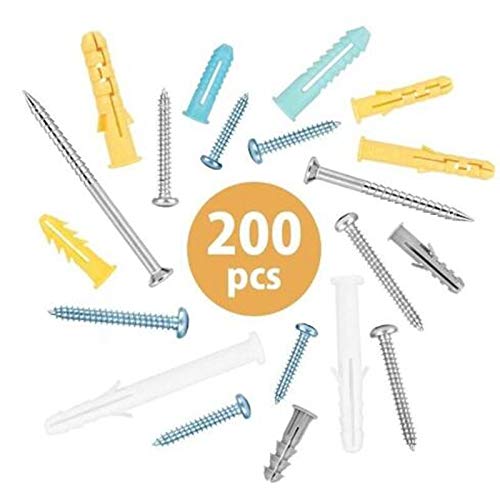 200pcs Wall Anchors & Tapping Screws Assortment Kit - Plastic/Rubber Rawl Plugs for DIY Home Improvement, Furniture Assembly, and Picture Hanging (LWW1063 SCRW-197299)