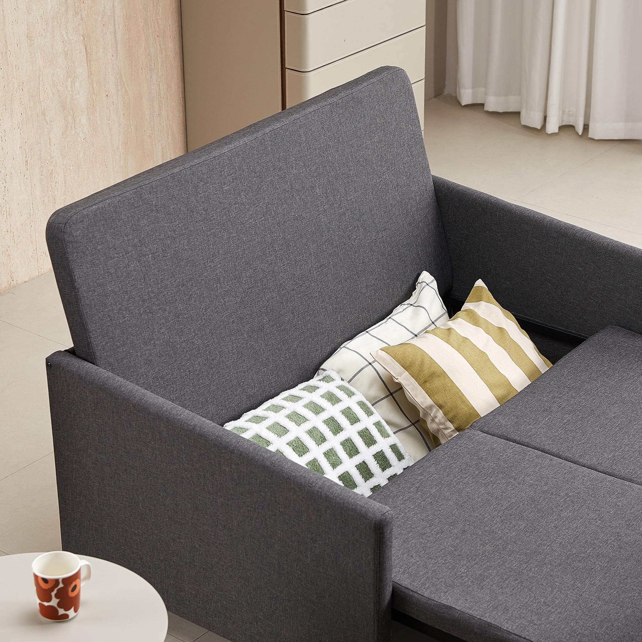XSPRACER 3-in-1 Convertible Sleeper Sofa Bed with Pullout & Storage - Modern Loveseat Couch for Living Room, RV, Bedroom, Balcony - Dark Gray Linen Fabric - Perfect for Small Spaces, Guest Rooms & Studio Apartments