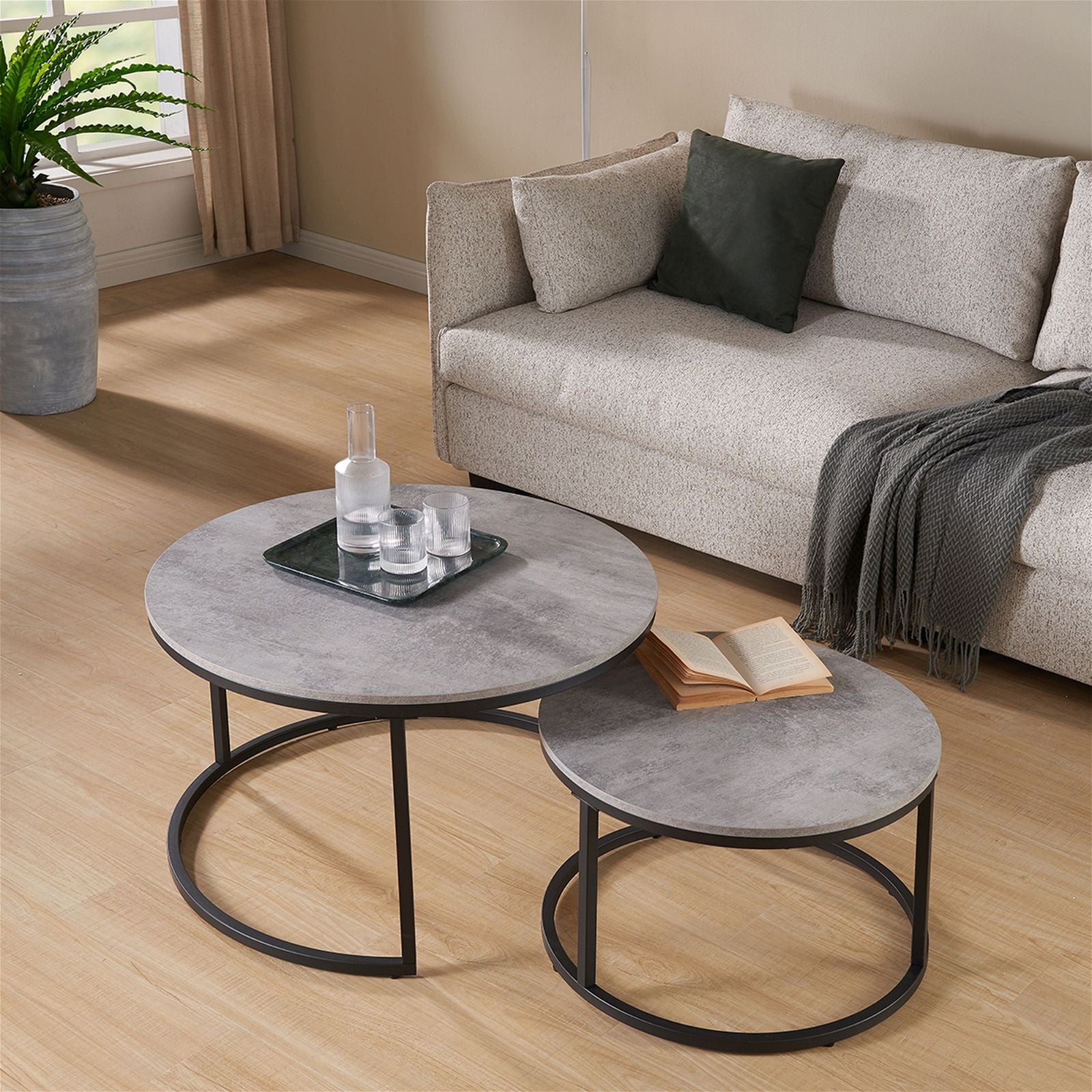 Censi ECHO 800 Nested Coffee Table Set - Modern Cement Finish Side Tables for Living Room, Lounge & Office Decor