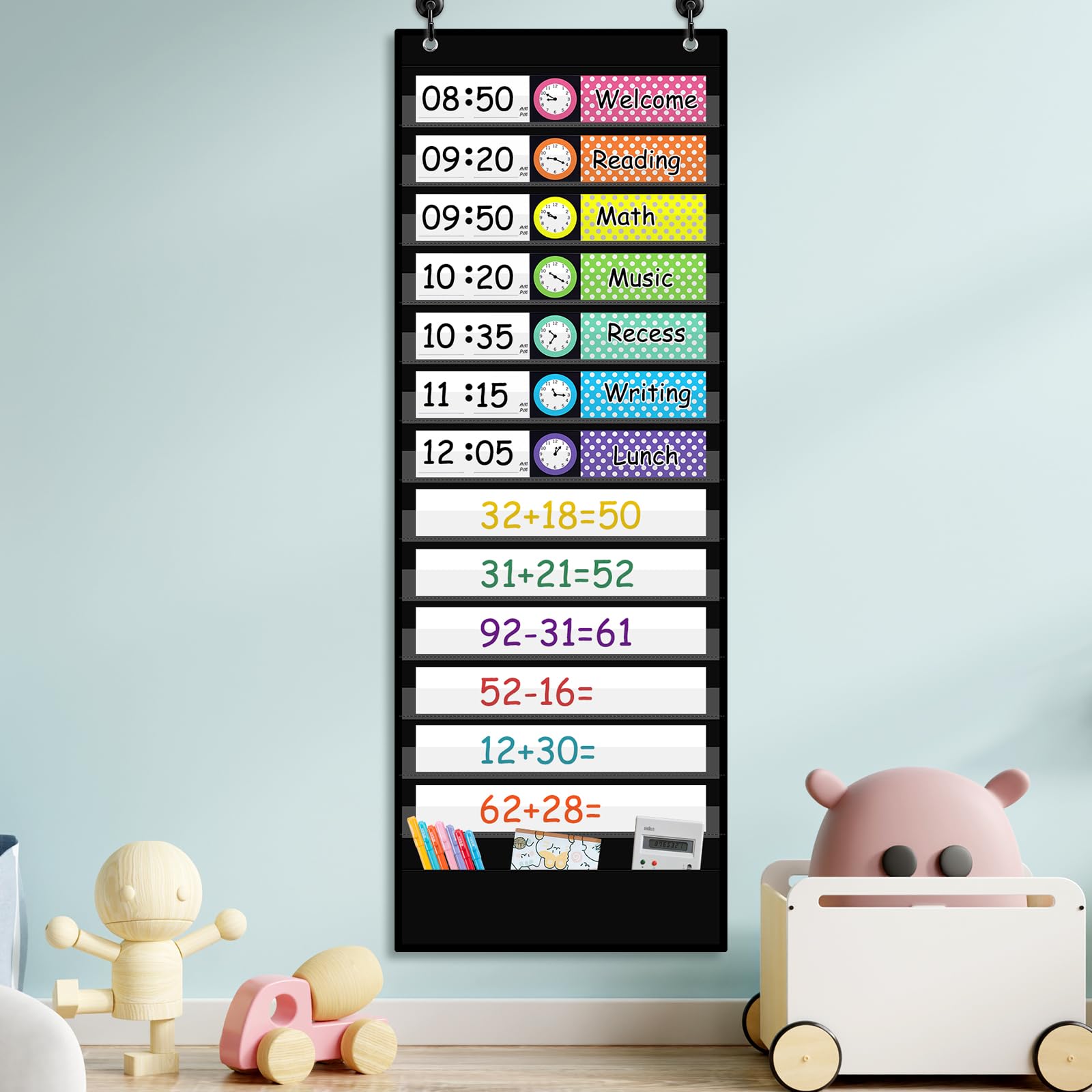 13-Pocket Schedule Chart with Cards & Hooks for Classroom, Home, Office