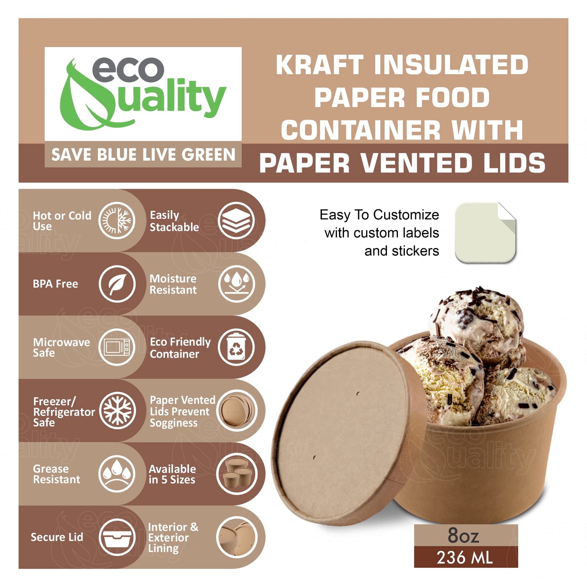 Eco-Friendly Disposable Kraft Paper Soup Bowls with Lids - 8oz Microwavable & Freezer Safe Food Containers for Ice Cream, Frozen Yogurt, Desserts & Takeout (Pack of 500) - Perfect for Parties, Catering & Food Service Businesses