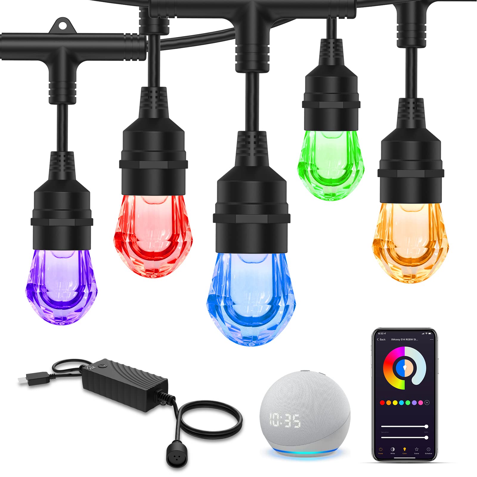 XMCOSY+ Smart Outdoor String Lights 64ft RGB LED Color Changing - WiFi APP Control, Works with Alexa & Google Assistant, 24 Acrylic Bulbs, IP65 Waterproof for Patio, Garden, Halloween & Christmas Decorations - Perfect for Backyard Parties, Wedding Decor and Holiday Lighting