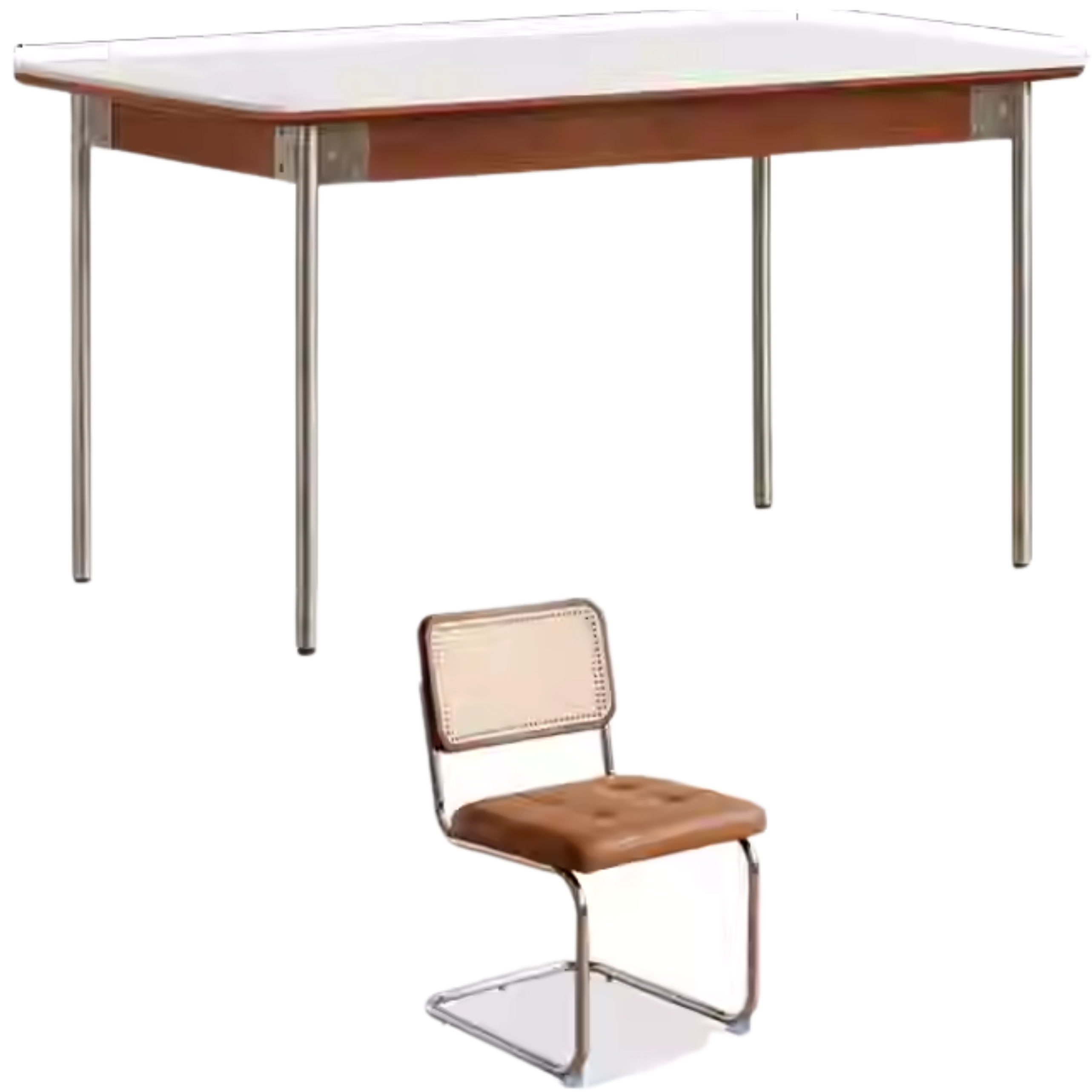 55.1x31.5x29.9 inch / 140.4x80x75 сm /Teak Color/ Ivory white rock board table and four chairs in sunset orange color