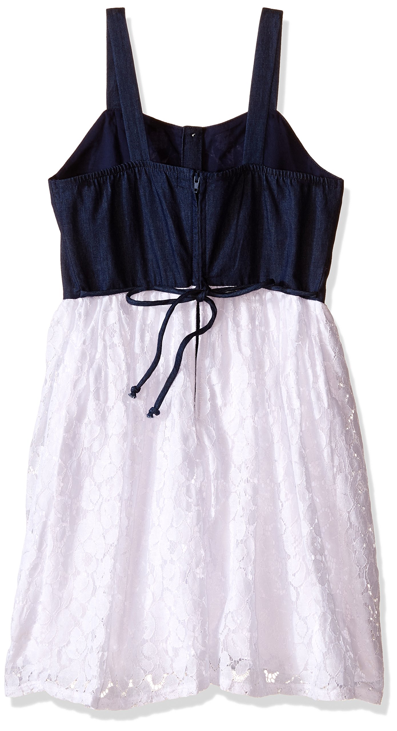 Stylish Girls' Denim Dress with Crochet Lace Trim - Knee Length Sleeveless Back Zipper Design - Perfect for Summer Outfits, Parties & Casual Wear