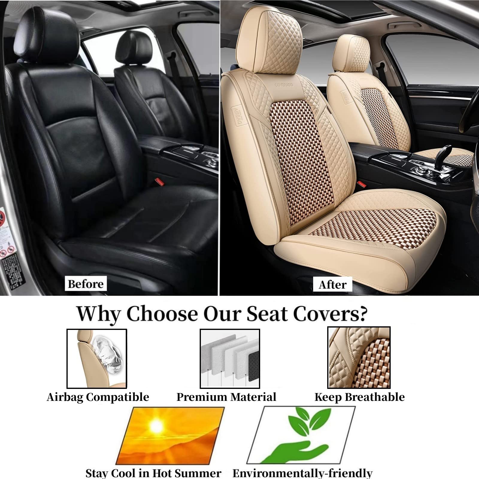 Universal 5-Piece Car Seat Covers Set - Breathable Beige Leather Seat Protectors for Front & Back Seats | Fits Most Vehicles | Perfect for Daily Commute, Road Trips & Family Protection