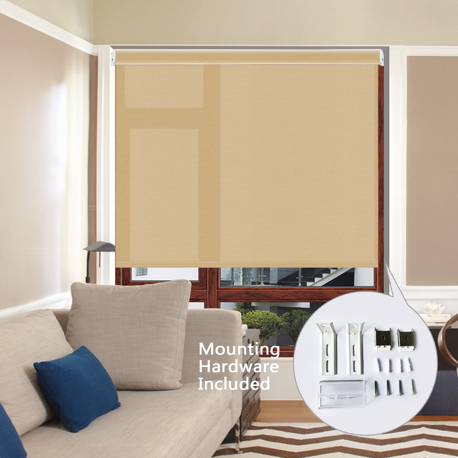 ZY Blinds Cordless Blackout Window Shades - Stone Roller Shades with Metal Valance, UV Protection & Energy Saving Room Darkening Fabric (54