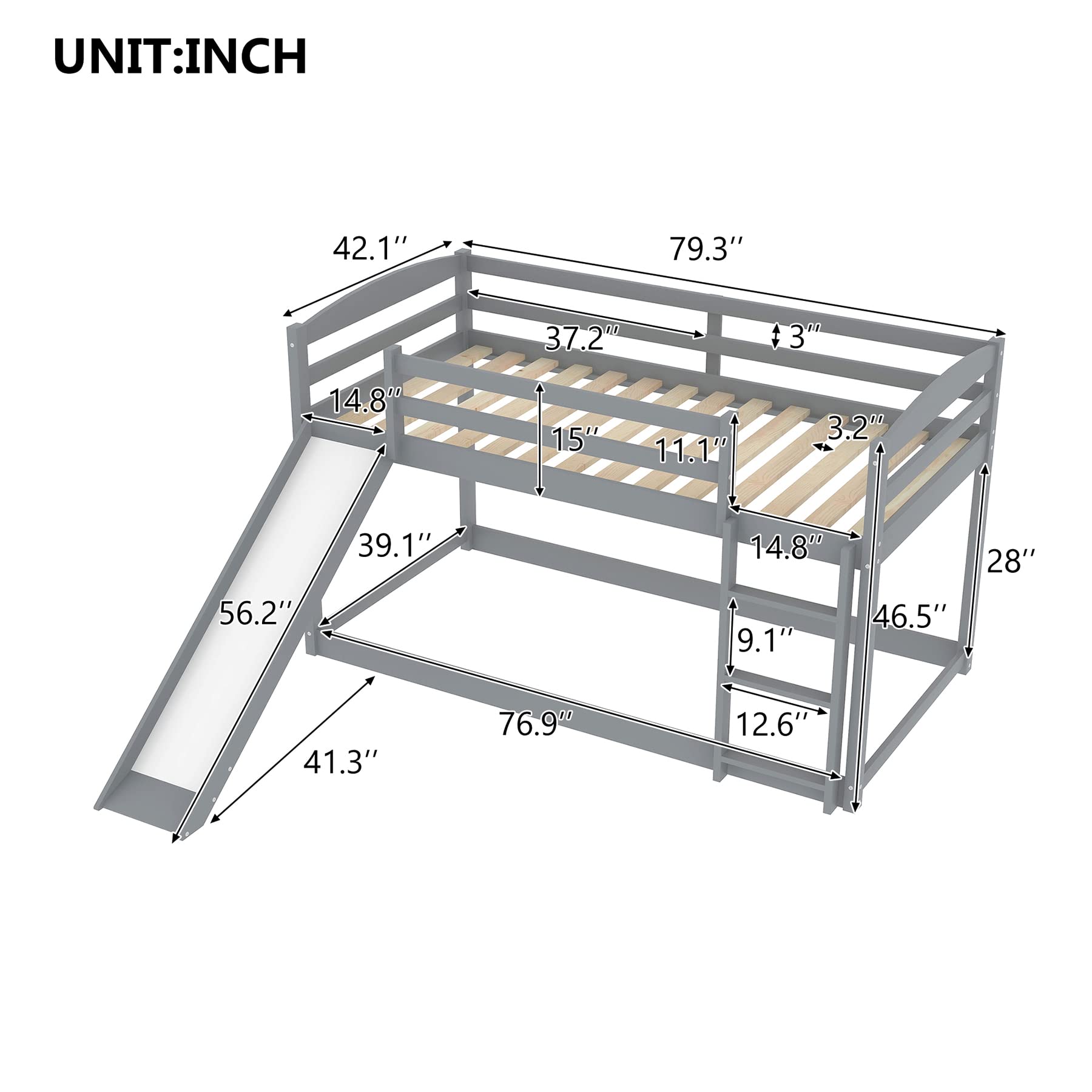 Twin Over Twin Bunk Bed with Slide & Ladder - Solid Wood Low Floor Bunk Bed with Slat Support - Space Saving Kids Bedroom Furniture - No Box Spring Needed - Perfect for Small Rooms & Shared Kids Bedrooms (Gray)