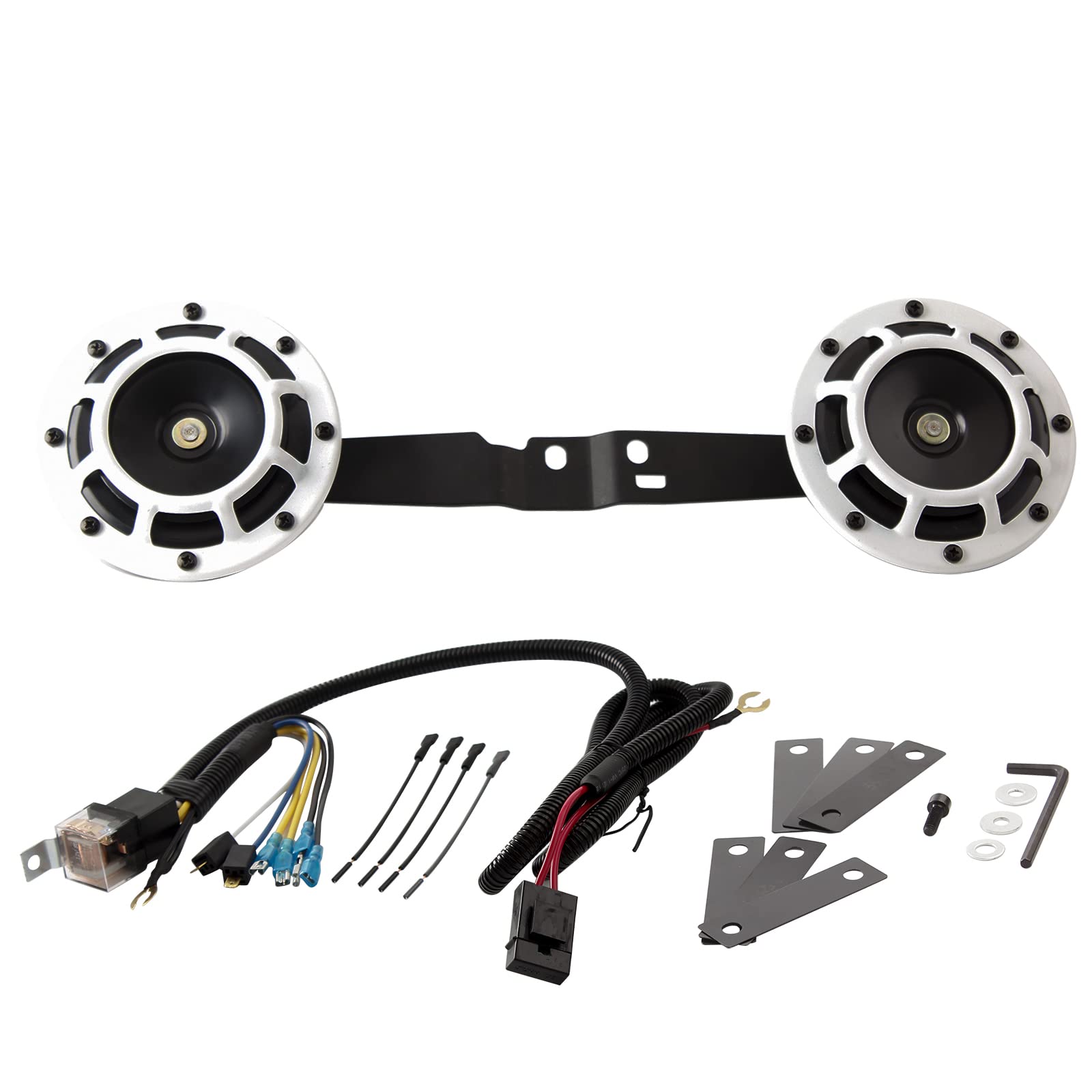 FARBIN Waterproof Car Horn - Loud Super Tone High/Low Metal Twin Horns Kit with Protective Grill (White Horn, Harness & Bracket) - Perfect for Trucks, SUVs & Off-Road Vehicles