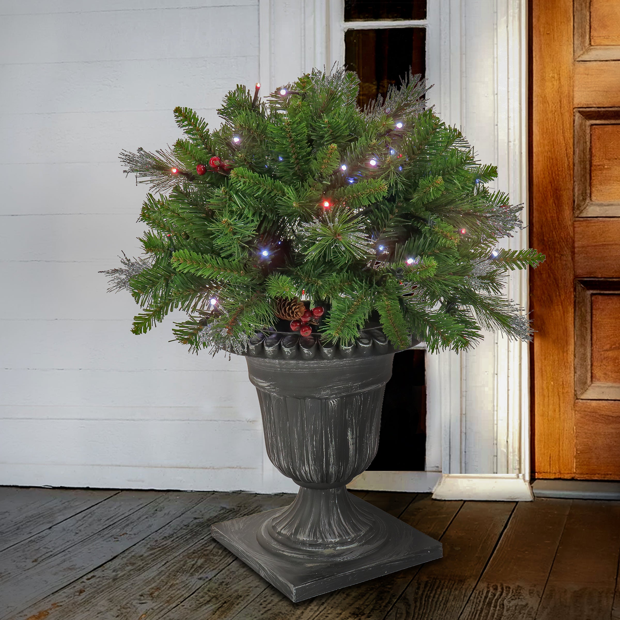 24 in. Crestwood Spruce Artificial Christmas Porch Bush with 100 Warm White Twinkly LED Lights - Perfect for Holiday Decor, Front Door Greenery & Festive Indoor/Outdoor Decorations