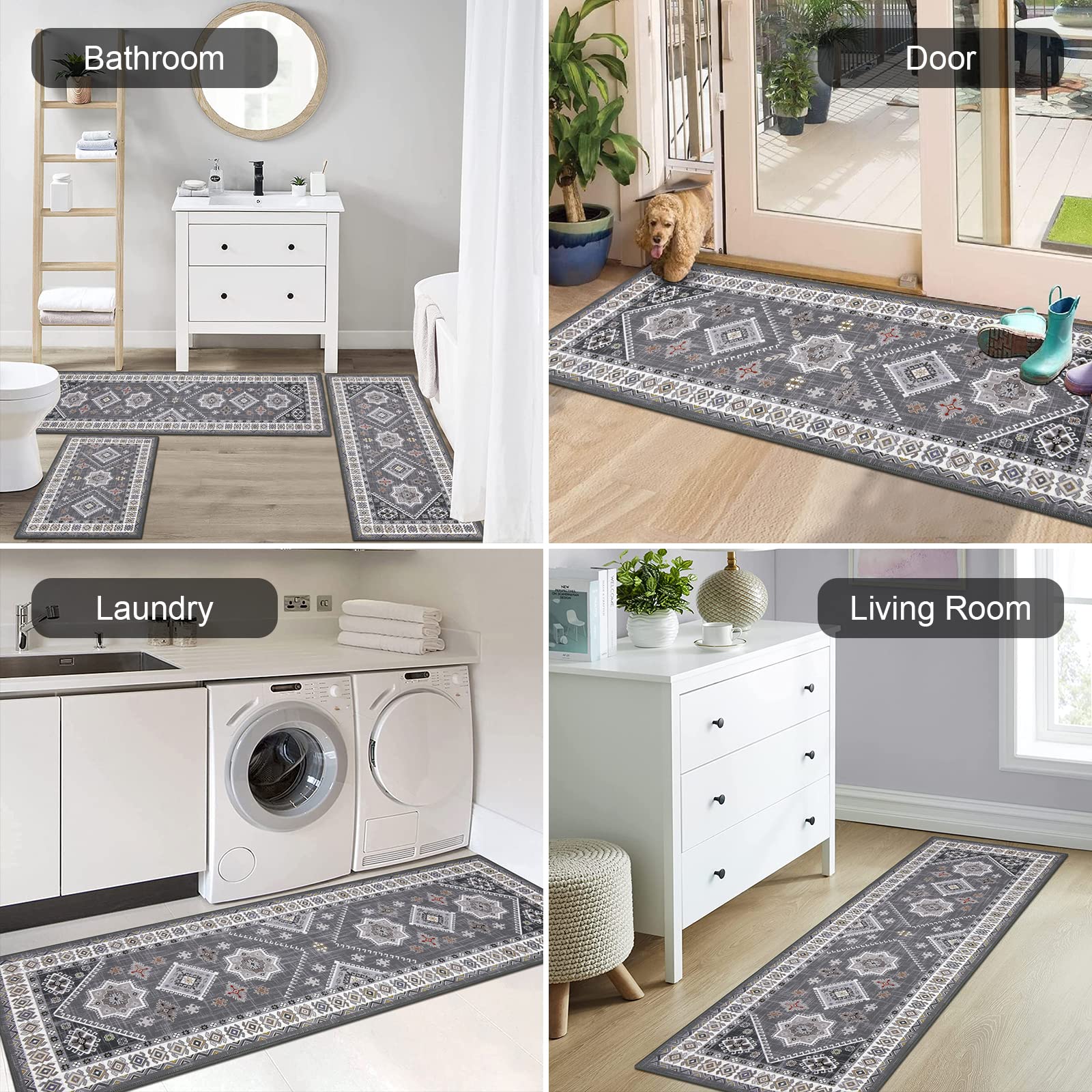 HEBE Boho Kitchen Rug Set - 3 Piece Non-Slip Washable Rugs with Runner | Thick Floor Mats for Kitchen, Hallway & Laundry Room | Perfect for Holiday Decor & Home Decorating