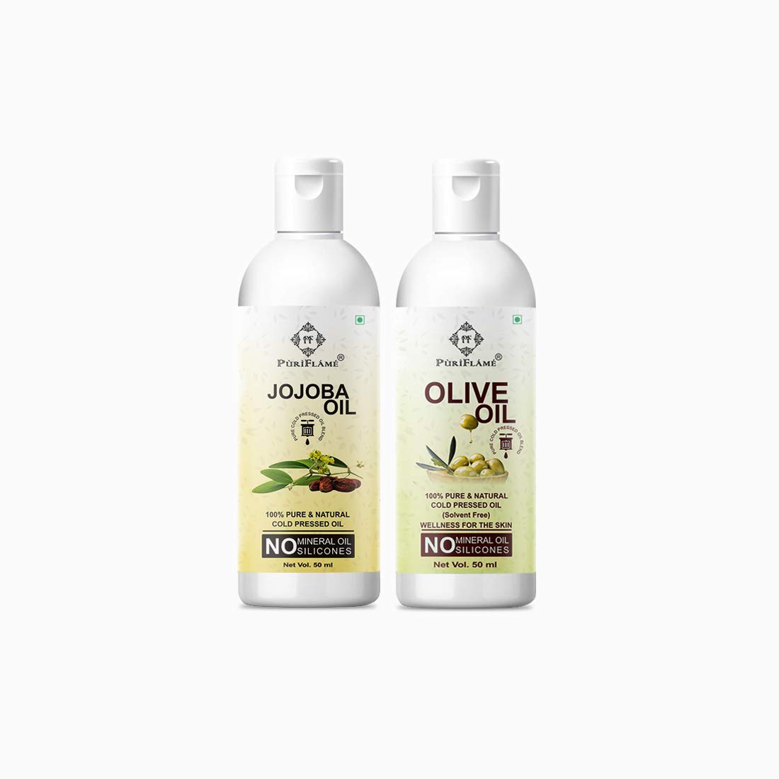 **PuriFlame 100% Pure Jojoba Oil & Olive Oil Combo (50ML Each) – Promotes Hair Growth, Reduces Hair Fall, Repairs Split Ends for Soft & Shiny Hair – Natural Hair Care Treatment for Men & Women – Perfect for Daily Scalp Massage & Deep Conditioning**