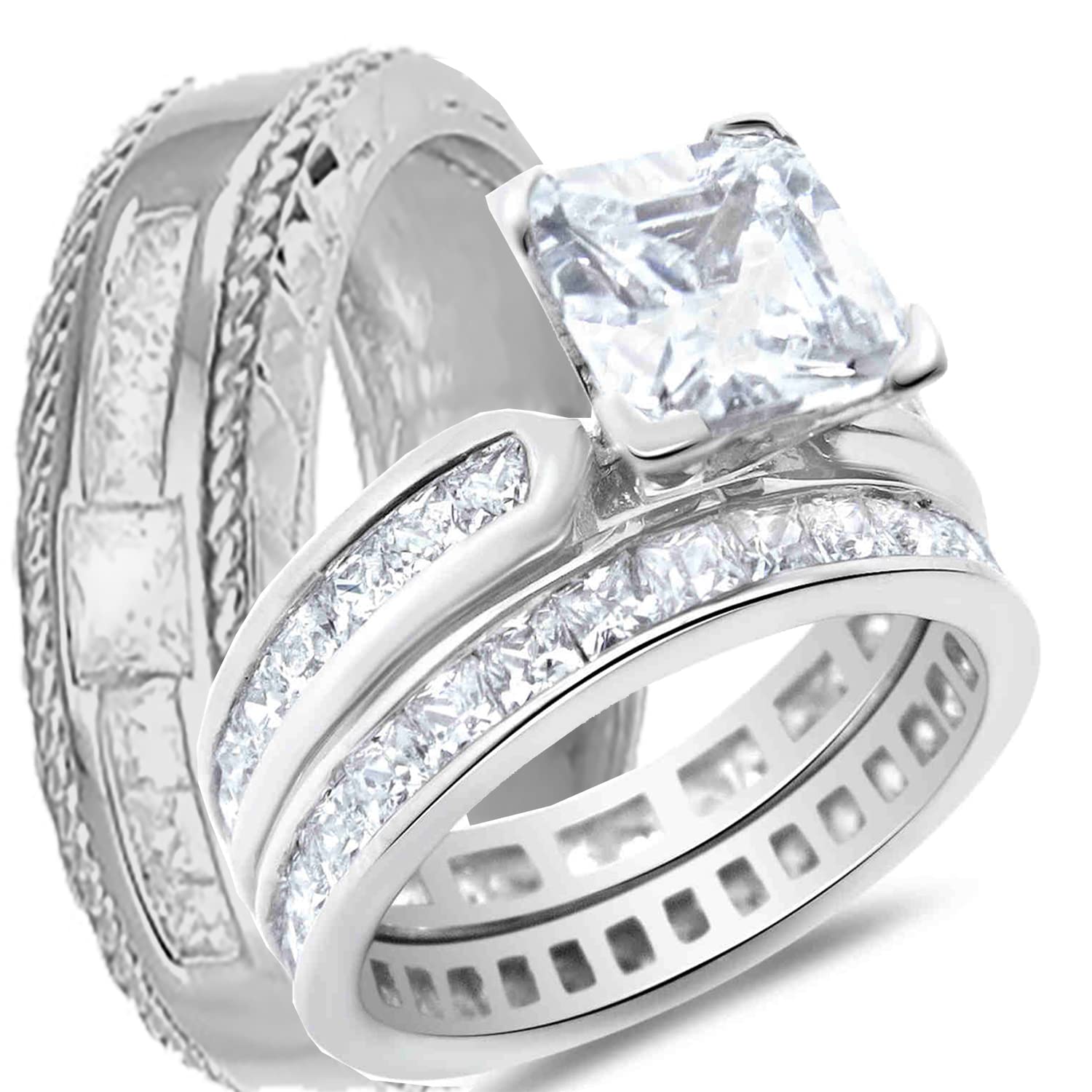 His & Hers TRIO Sterling Silver Wedding Ring Set - 3 Piece Matching Band for Bride & Groom - Perfect for Anniversaries, Vows Renewal & Romantic Couple Jewelry Gifts