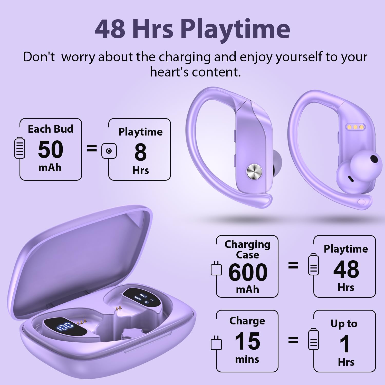 bmanl Wireless Bluetooth Earbuds - 48H Playtime, LED Display, Over-Ear Sport Headphones with Built-in Mic & Earhooks for Running, Gym Workouts - Purple (Ideal for Fitness, Commuting & Outdoor Activities)