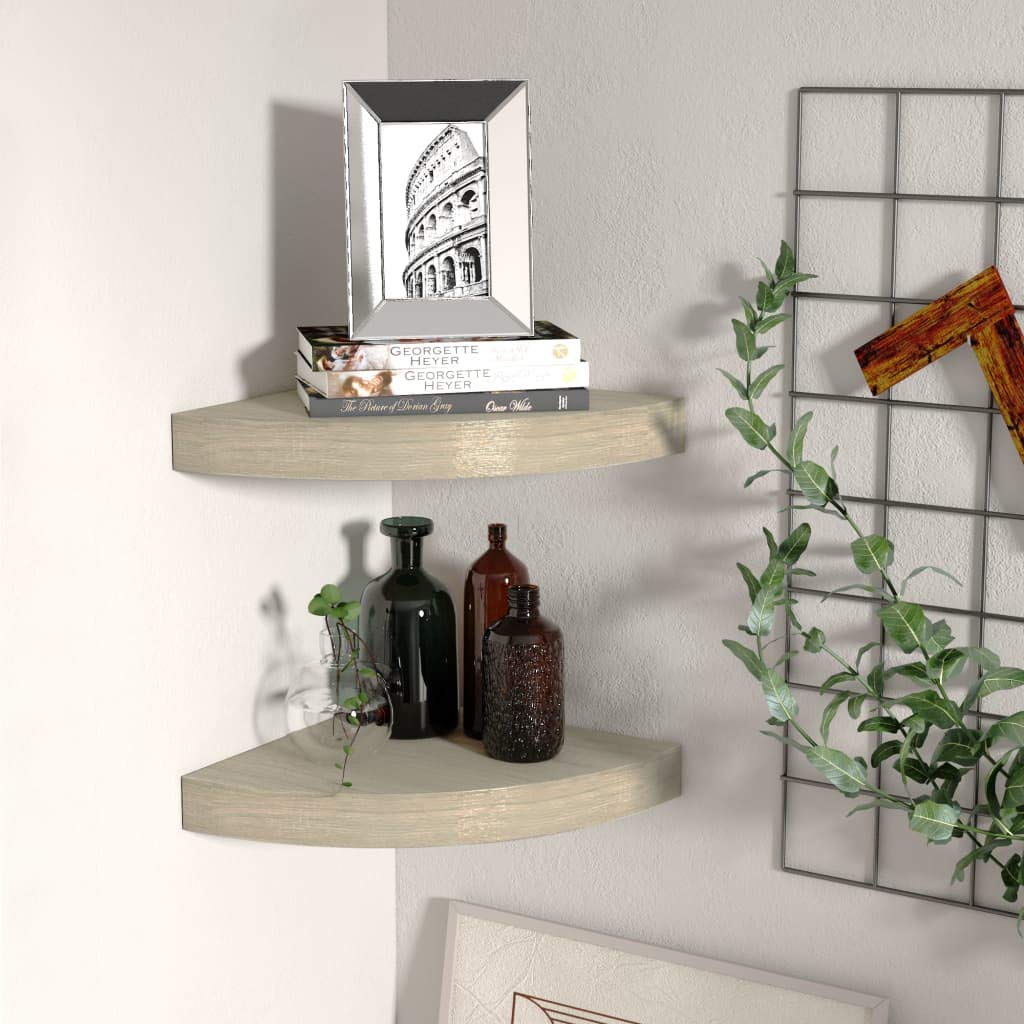 Modern Floating Corner Shelves Set of 2 - Oak Finish MDF Wall Mounted Storage (9.8