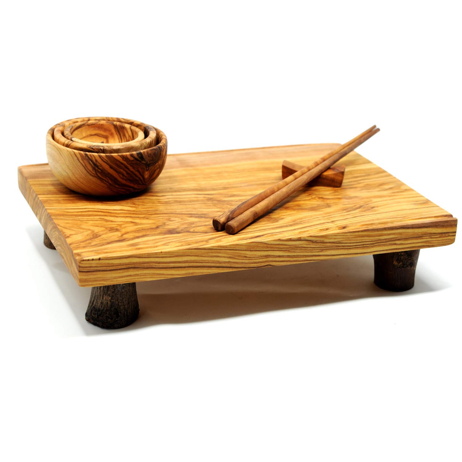 Premium Olive Wood Sushi Serving Set - 3 Nested Bowls, 11