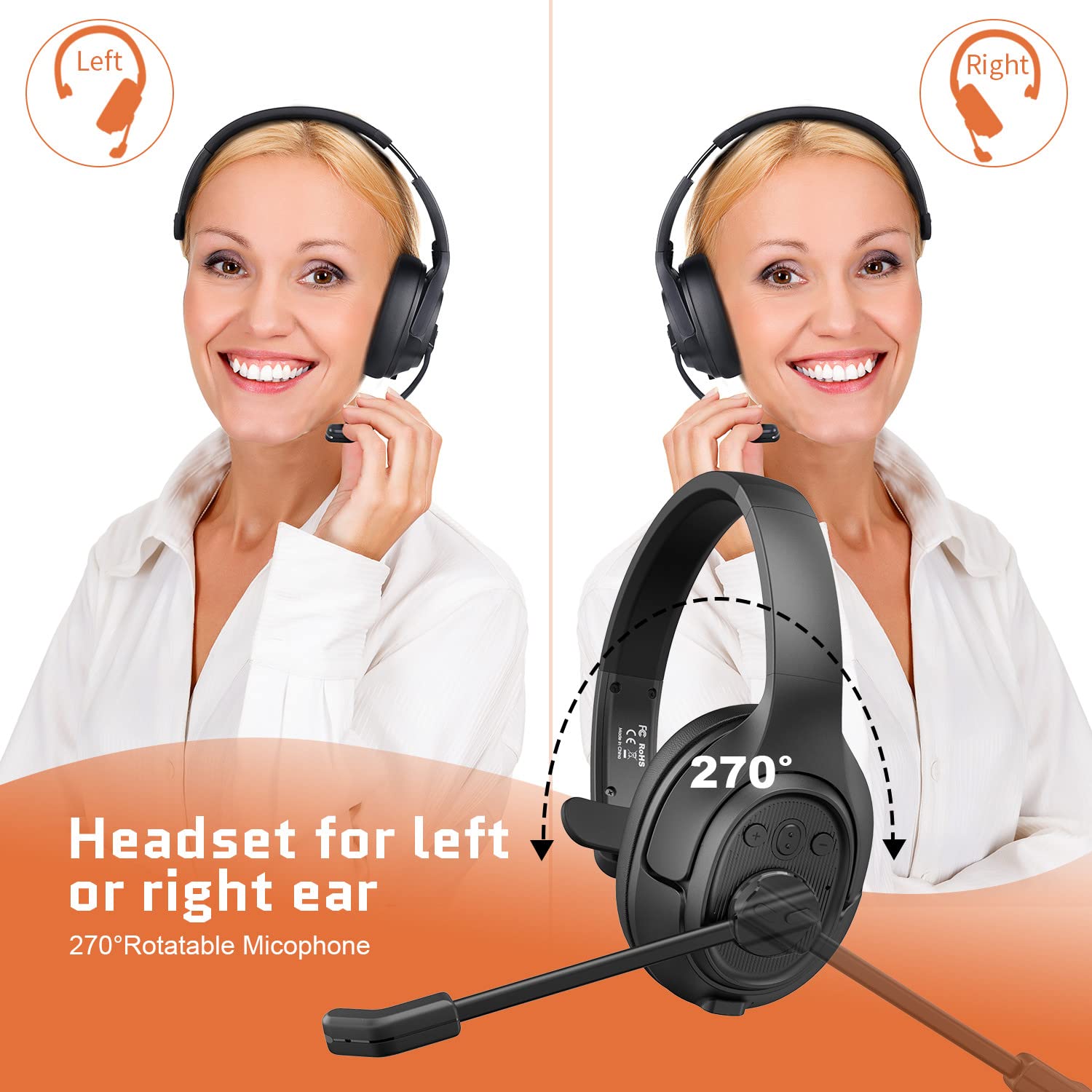 EKSA AI-Powered ENC Noise Cancelling Bluetooth Headset with Microphone - Wireless Trucker Headphones, 99ft Range, 30H Talk Time, Mute Button, All-Day Comfort for Driving, Gaming & Remote Work