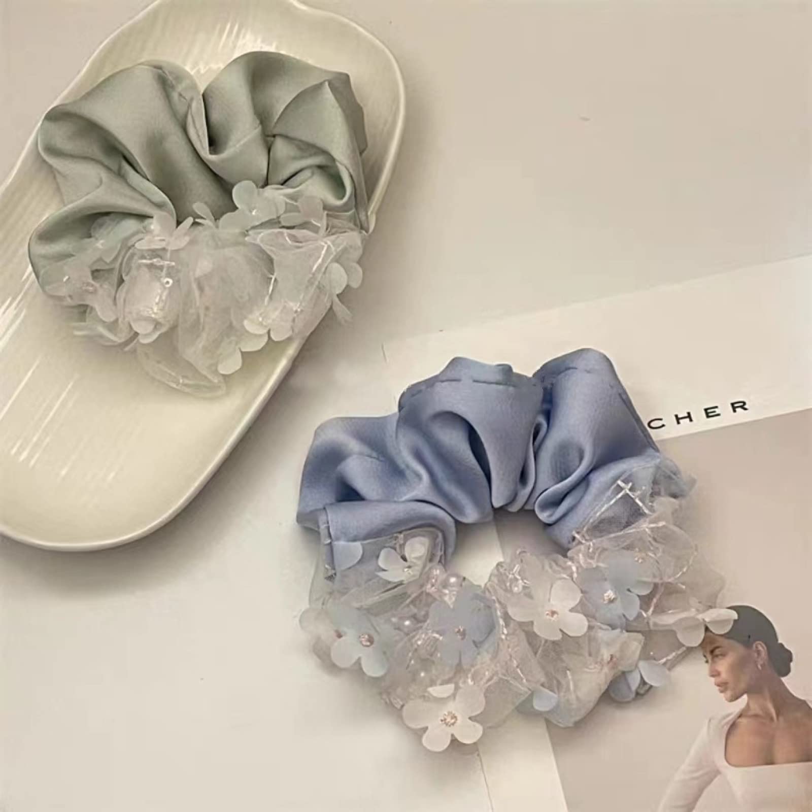 3 Pack Silk Scrunchies for Women - Pearl Flower Hair Ties, Thick Elastic Hair Bands for Ponytails, Buns & Braids (Perfect for Summer, Weddings & Everyday Use)