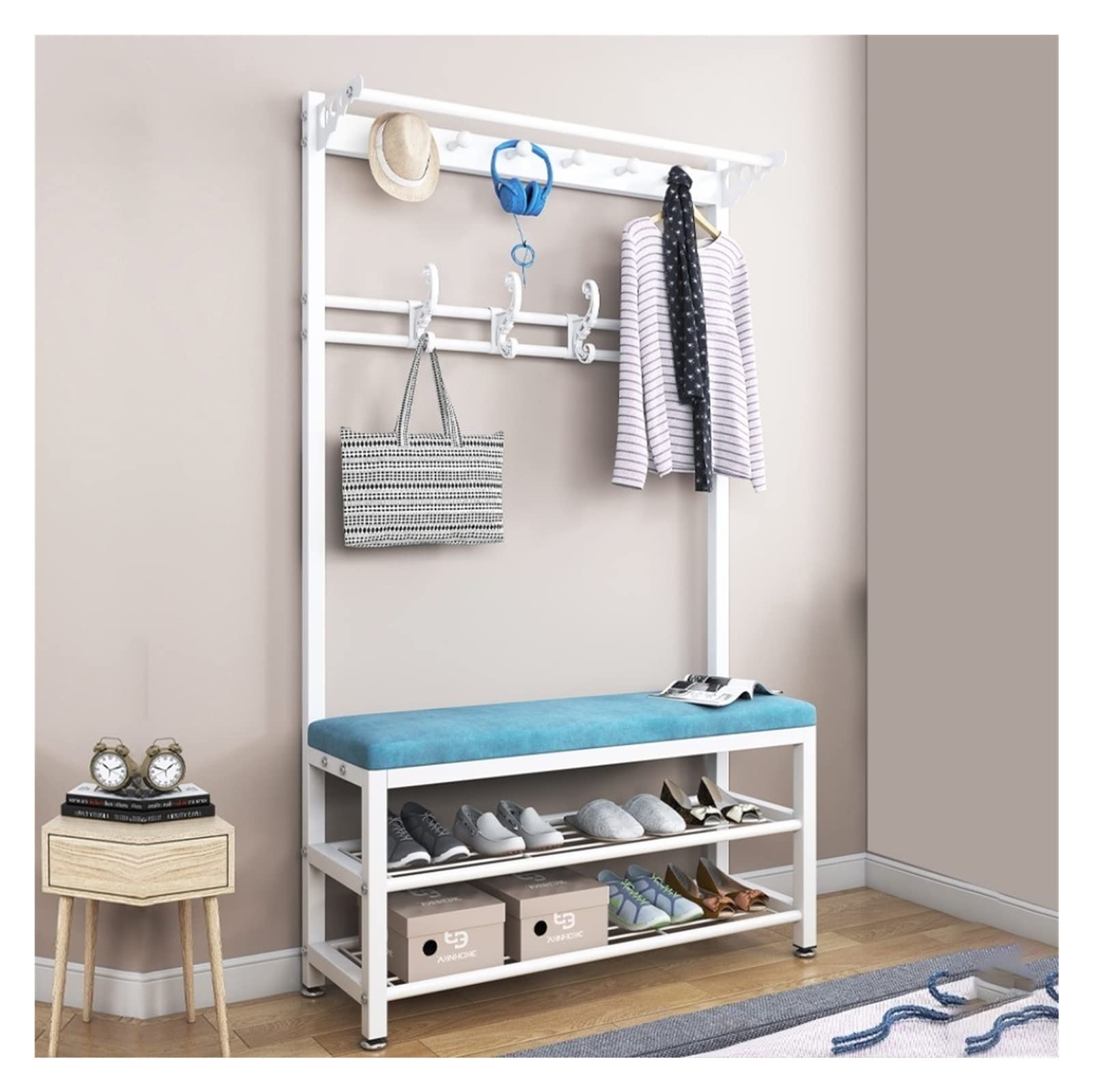 3-in-1 Entryway Organizer - Hall Tree with Coat Rack, Shoe Storage Bench & Umbrella Holder | 80CM Blue Carbon Steel Frame Entryway Furniture | Perfect for Small Spaces, Apartments & Mudroom Organization