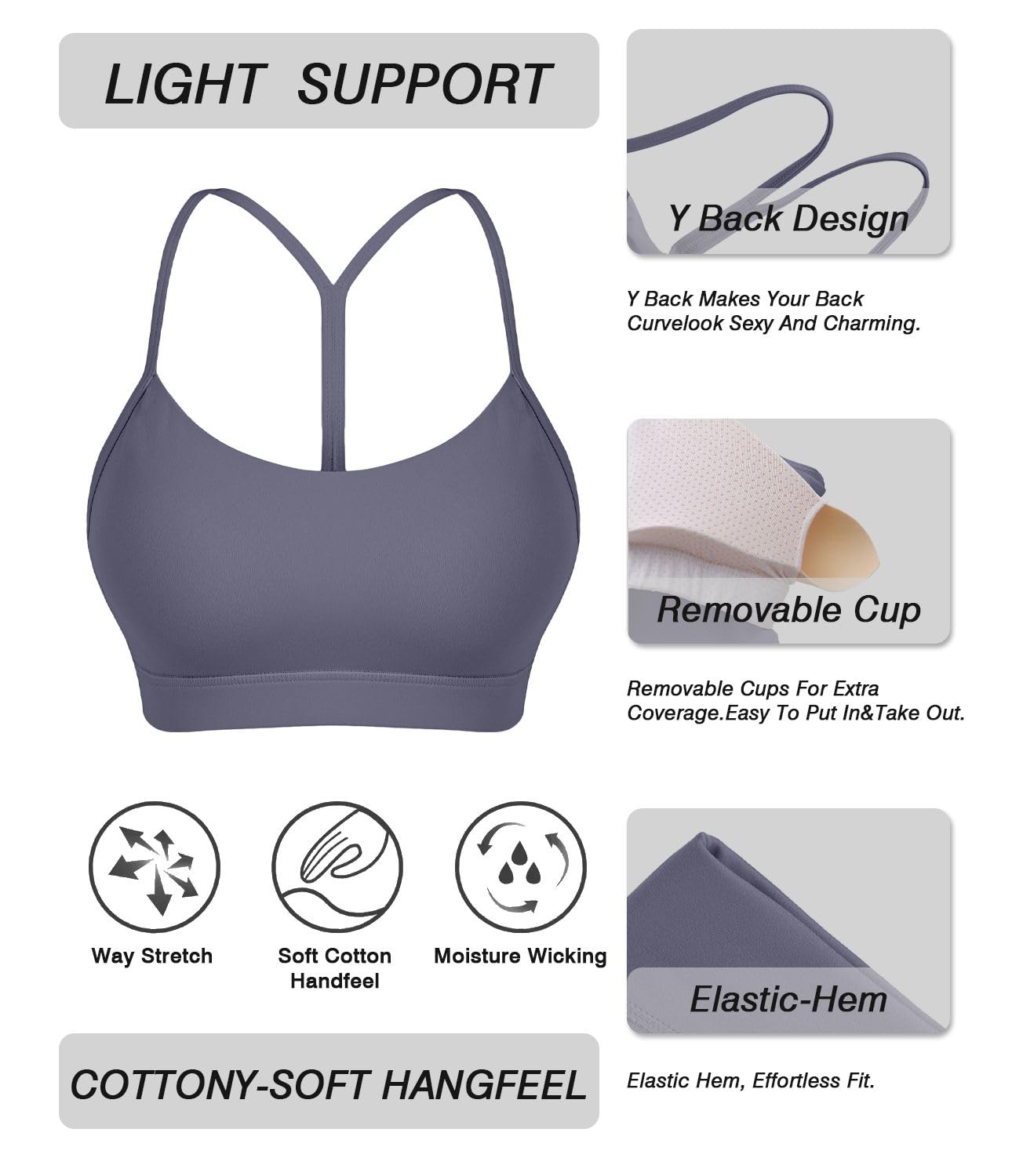 Comper Y Back Sports Bra for Women - Low Impact Racerback Workout Bra with Removable Pads - Yoga, Pilates & Lounge Wear - Comfortable Thin Straps for Active Lifestyle